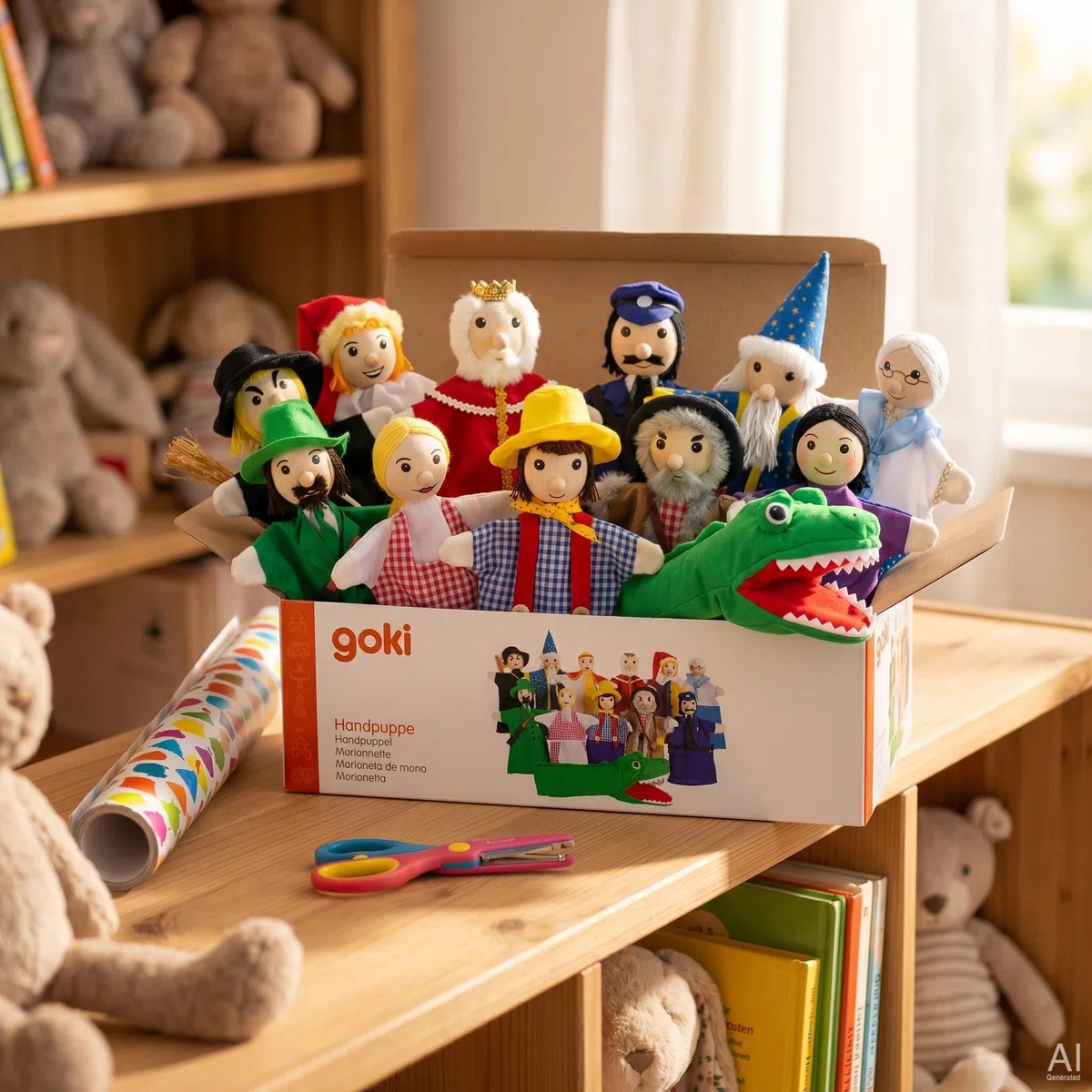 Goki SO450 - Assortimento di burattini a mano con 12 diversi burattini ideali per il teatro dei burattini