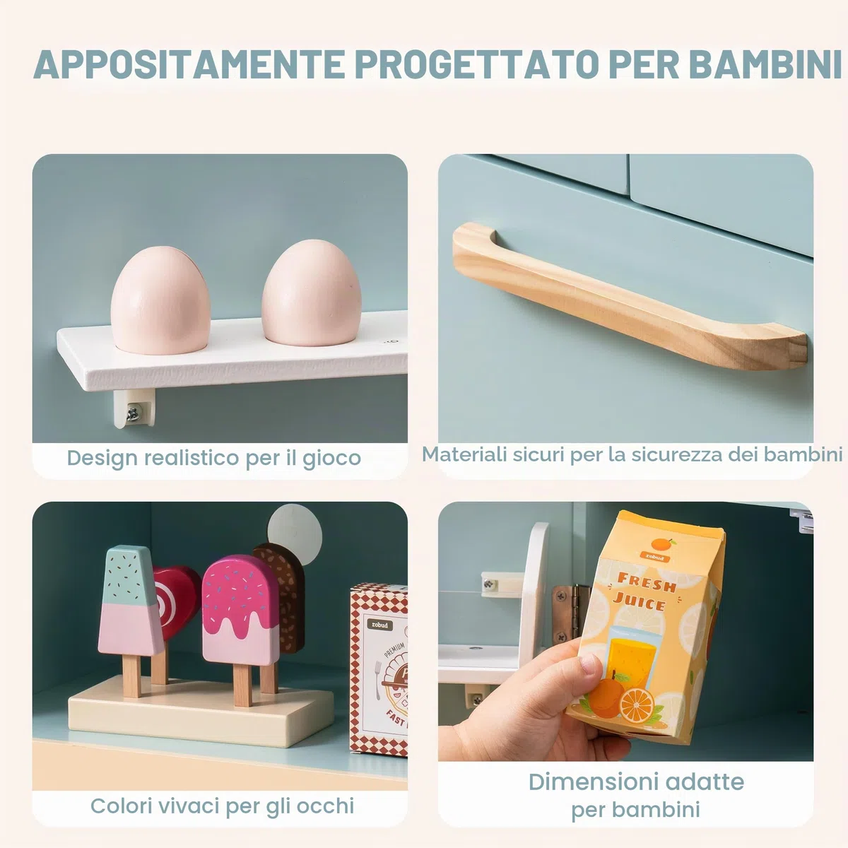 ROBUD Frigorifero in legno - realistico e interattivo con macchina per cubetti di ghiaccio e giocattoli alimentari - Adatto per bambini dai 3 anni in su
