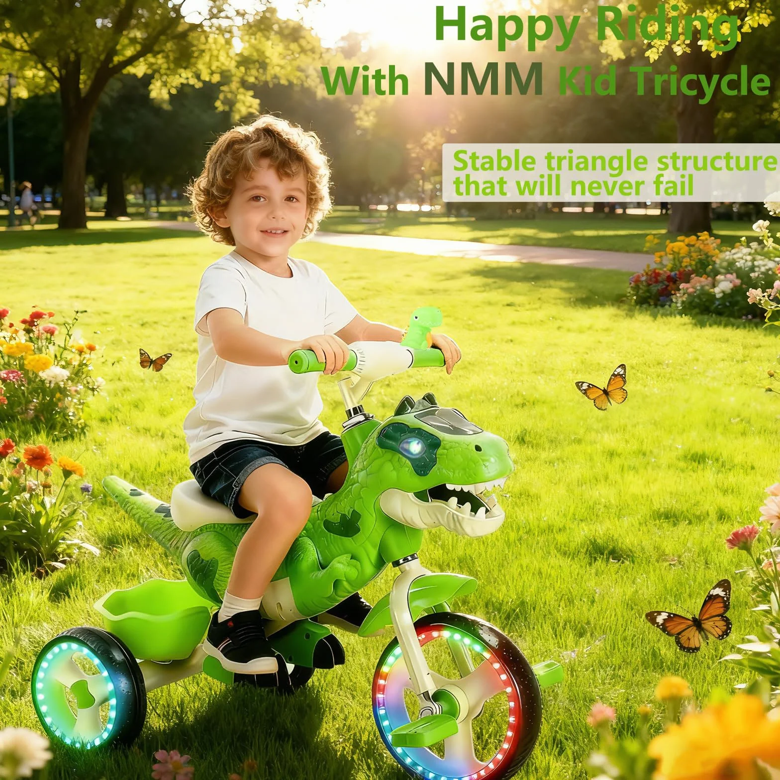 NMM Triciclo Dinosauro Con Clacson e Cesto Portaoggetti, Triciclo Bambini 2, 3, 4, 5, 6 Anni, Con Musica e Luci, Regali di Compleanno e Natale Adatti a Bambini e Bambine - Verde