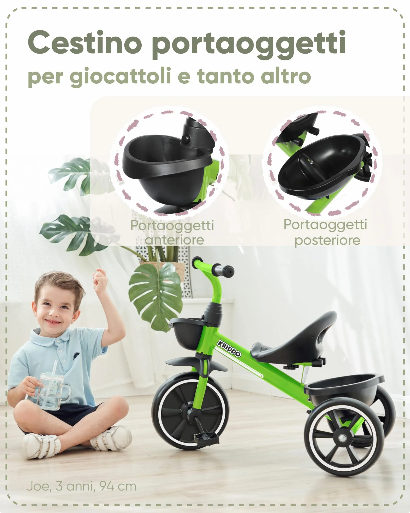 KRIDDO Triciclo per Bambini dai 24 mesi ai 5 anni, Tricicli per bambini da 2,5 a 5 anni, Triciclo Evolutivo da 2 a 4 anni, con Cestello Portaoggetti, Ideale da regalare, Verde