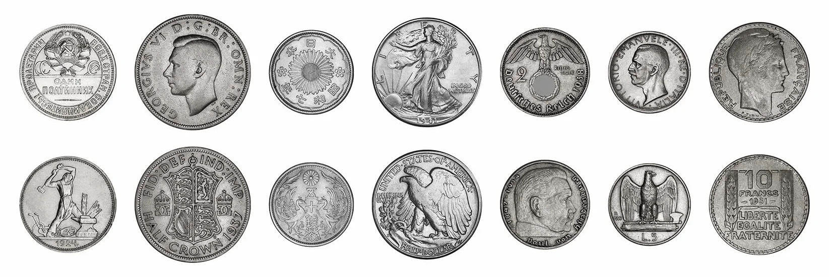 IMPACTO COLECCIONABLES | Collezione Esclusiva di 7 Monete della Seconda Guerra Mondiale (1939–1945) degli Alleati e dell’ASSE – Monete Autentiche e Antiche con Certificato di Autenticità