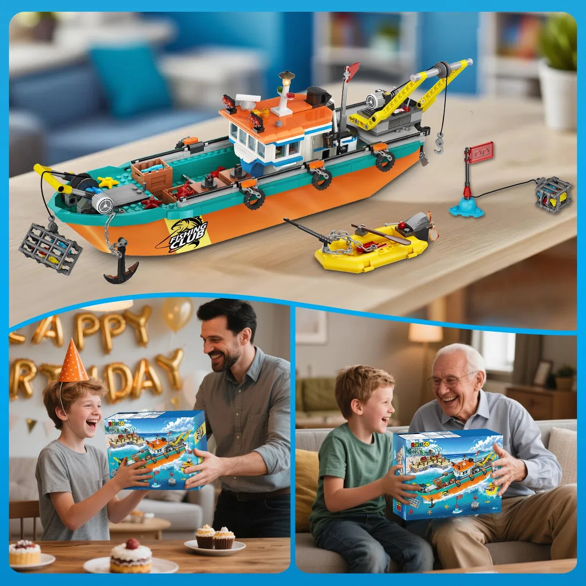 HiWEEGO Città barca da pesca cantiere navale – kit costruzione galleggiante oceano gru container, giocattolo regalo compleanno 6 7 8+