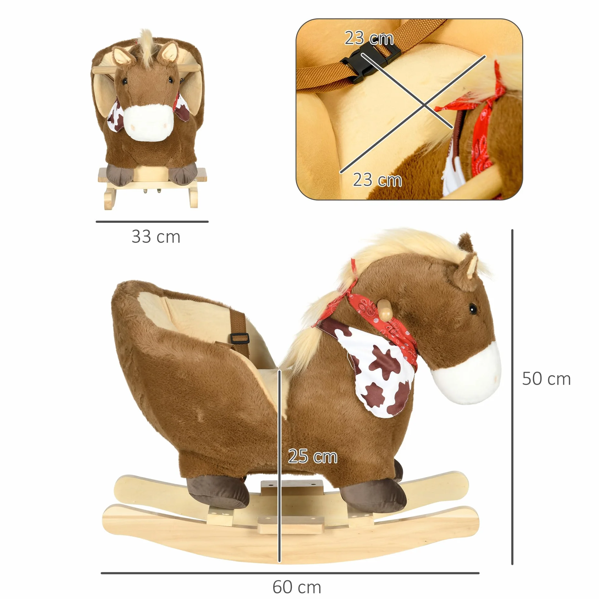 HOMCOM Cavallo a Dondolo per Bambini da 18-36 Mesi, Cavalluccio a Dondolo per Bambini Cavalcabile con Suoni Realistici, 60x33x50 cm, Marrone