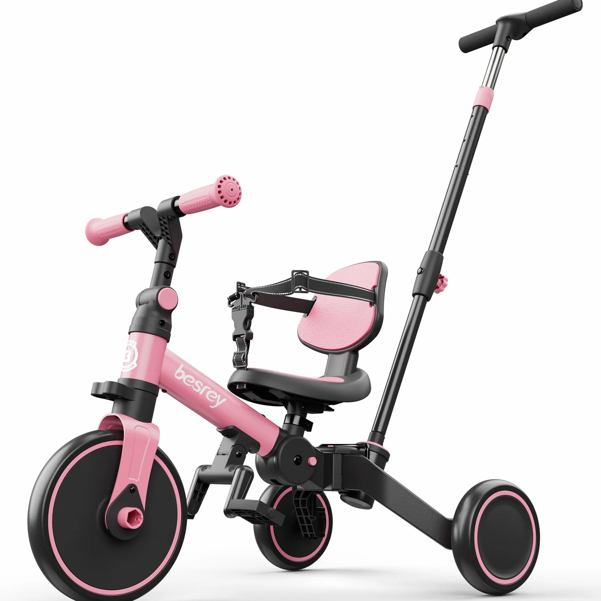 besrey Triciclo per Bambini 4 in 1, Bici senza Pedali per bambine e bambini da 1 a 3 anni, Triciclo con Maniglia di Spinta, Schienale e Cintura di Sicurezza, Rosa