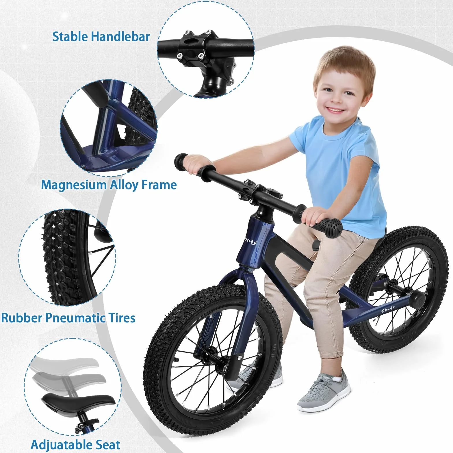 CHOLY Bicicletta da 14 pollici per bambini dai 3 ai 6 anni, senza pedali per bambini con sedile regolabile, pneumatici e telaio in lega di magnesio, bicicletta da allenamento leggera per bambini