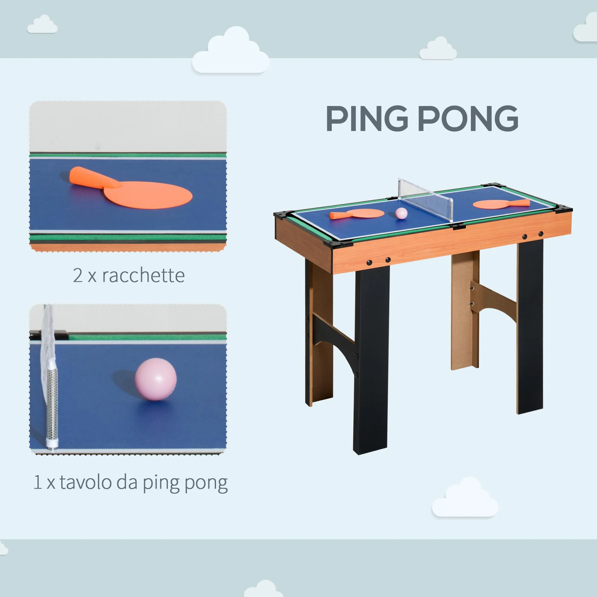 HOMCOM Tavolo Multigioco 4 in 1 con Calcio Balilla, Biliardo, Ping Pong e Hockey da Tavolo, Tavolo da Gioco con Accessori, in Legno MDF, Legno Naturale e Nero