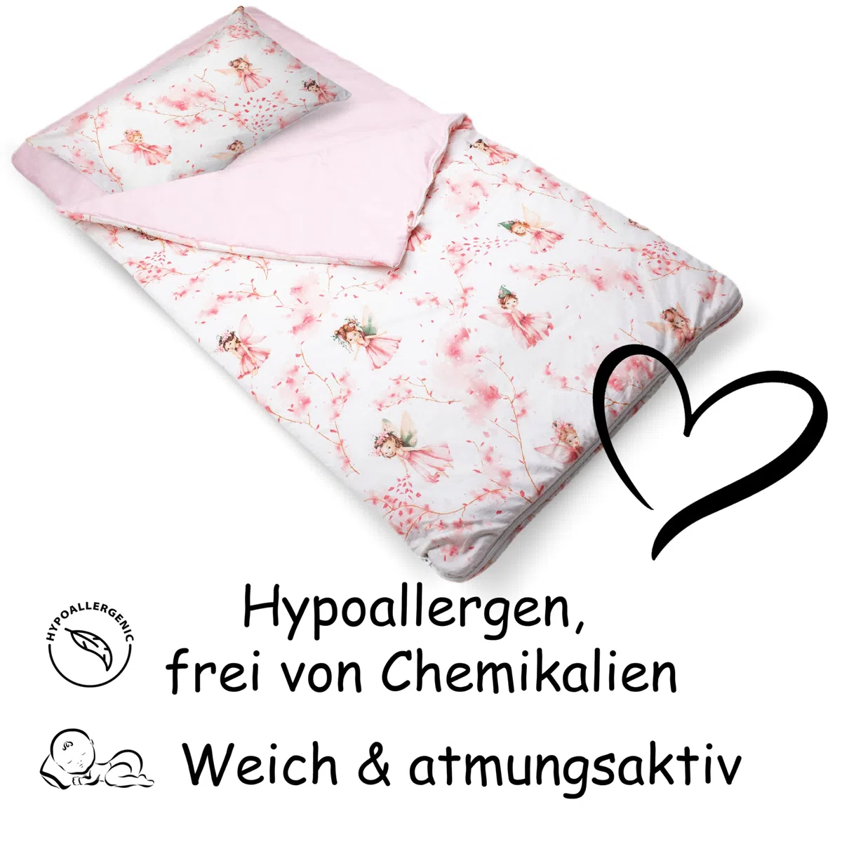 PinkZebra Sacco a Pelo Copriletto, 140 x 75 cm + federa cuscino 60 x 40 cm, per ragazze e ragazzi da 3 a 8 anni (fino a 135 cm di altezza), certificato Oeko-Tex, fata