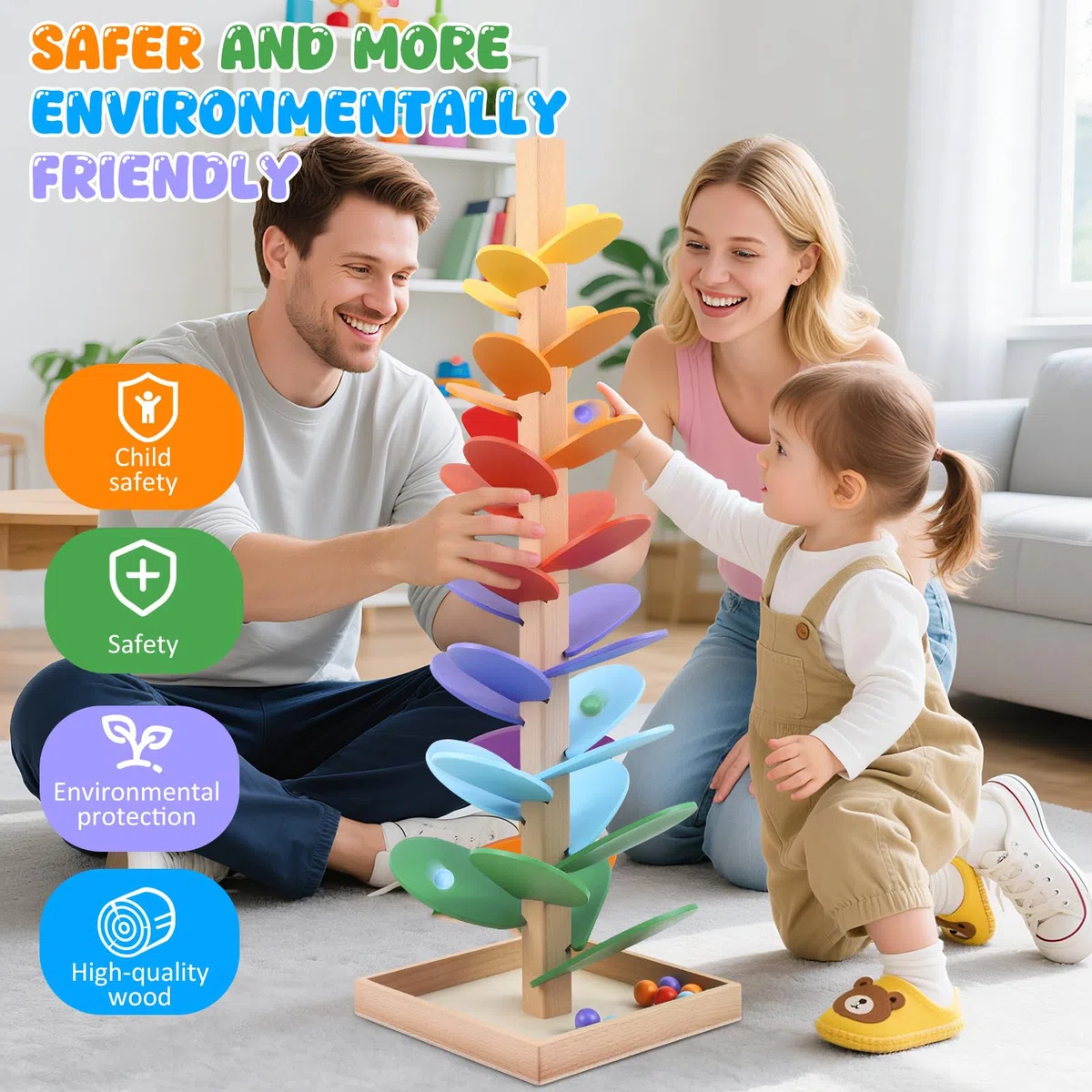 Pista a sfera in legno, 72 cm, albero sonoro arcobaleno, giocattolo educativo per bambini con 10 palline arcobaleno, 8 livelli colorati, giocattolo creativo in legno per bambini 3-7 anni