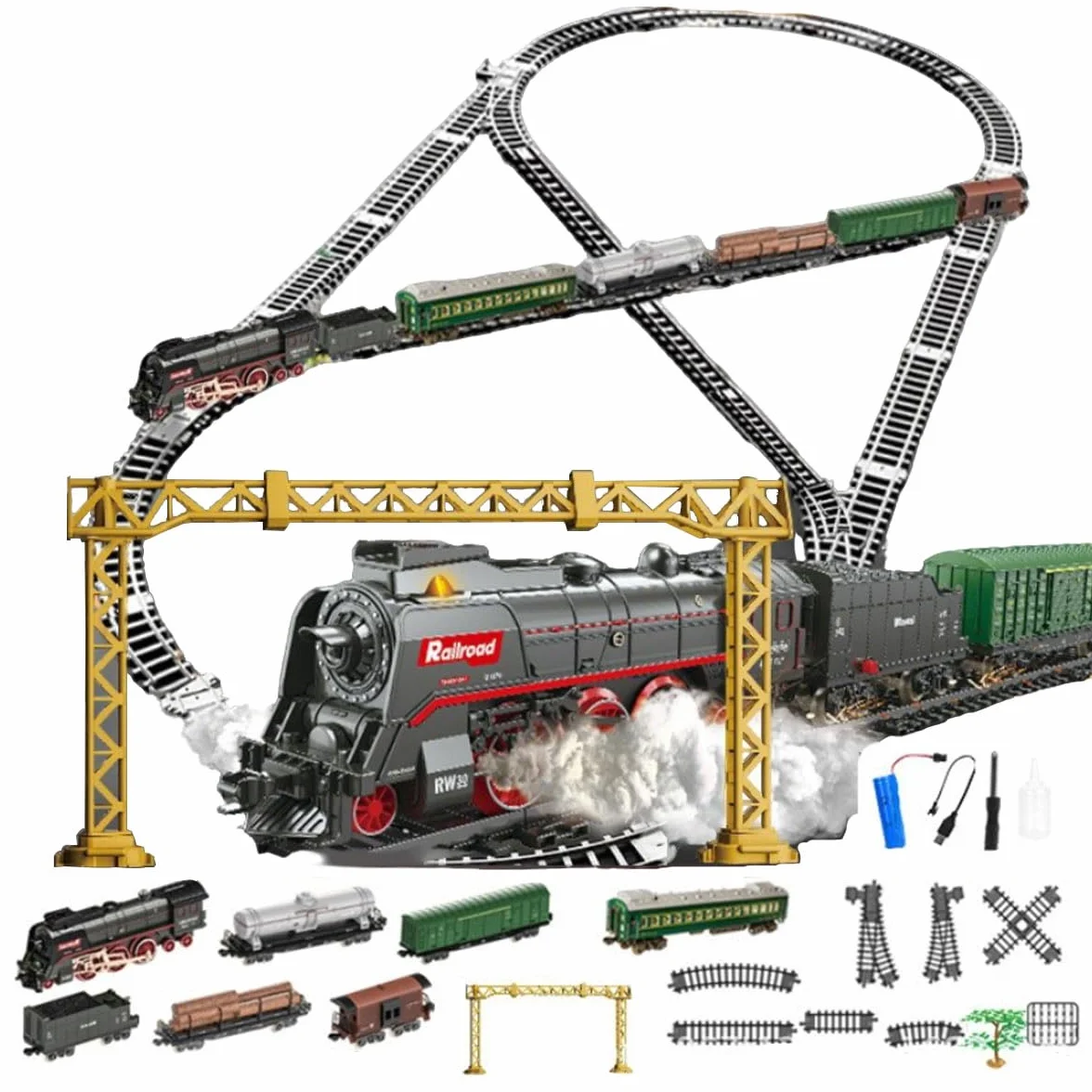 Set di treni radiocomandati, modello di treno natalizio con carrozza e binario lungo, ottimo regalo STEM e decorazioni da scrivania per adolescenti e adulti (modello 62904B)