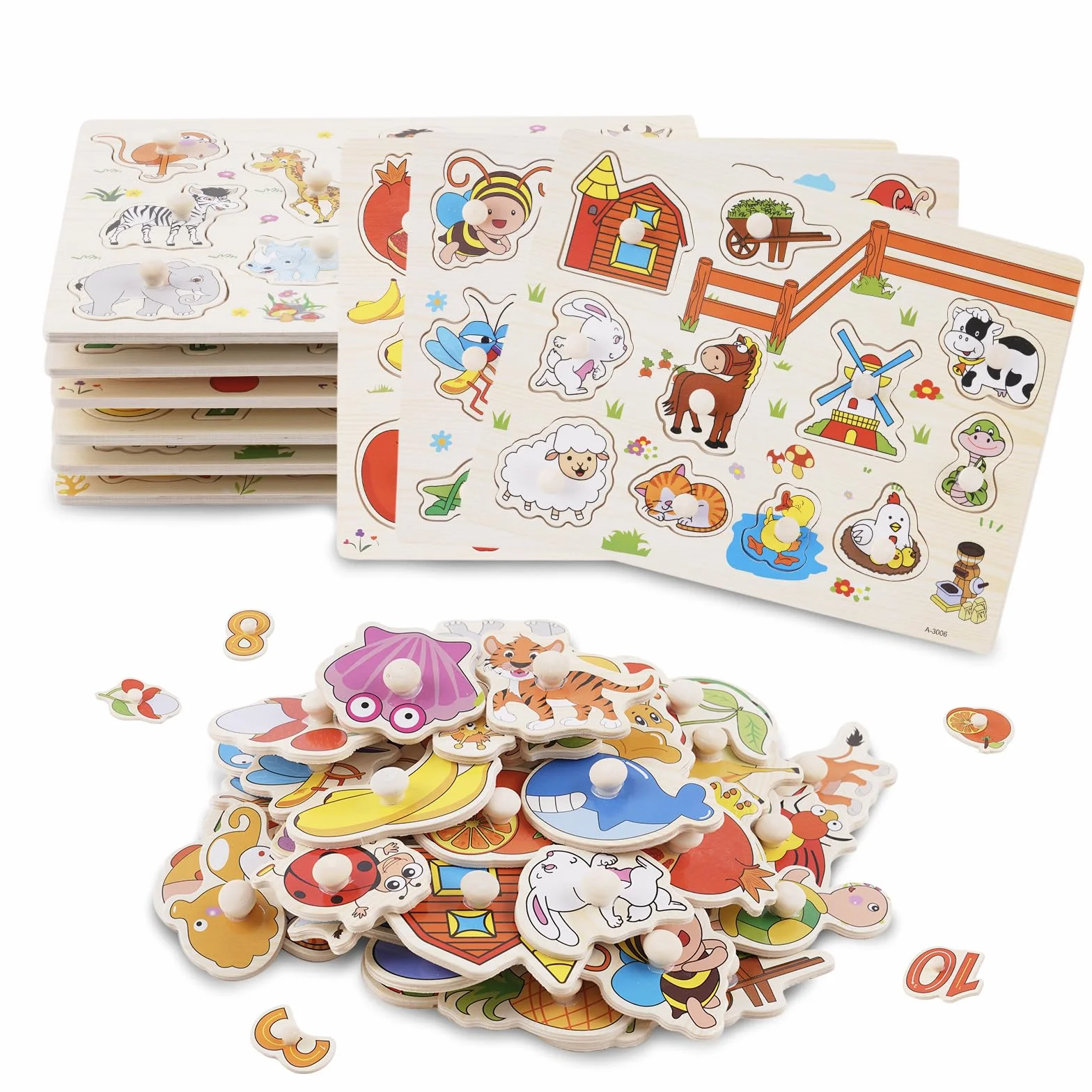 Puzzle con Bottoni in Legno per Bambini, 6 Pezzi Montessori Puzzle, Giocattolo Educativo Regalo per Bambini Ragazzi Ragazze