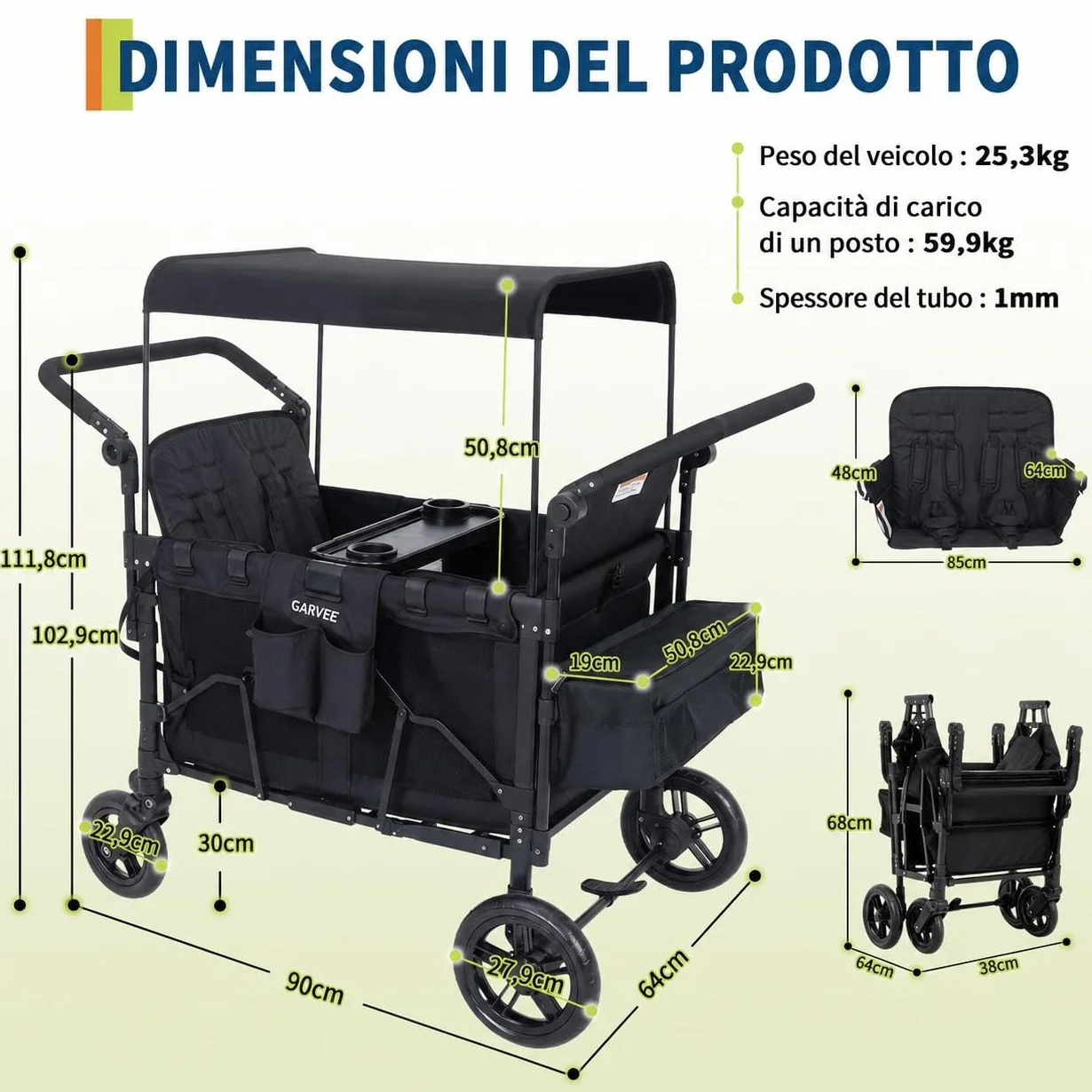 Passeggino a 4 Posti Per Bambini Pieghevole Tutto Terreno, Cappottina Regolabile, Maniglia Push & Pull, Vassoio Merenda, Imbracatura 5 Punti Di Sicurezza, Ruote Girevoli e Fisse, Spazio Ampio