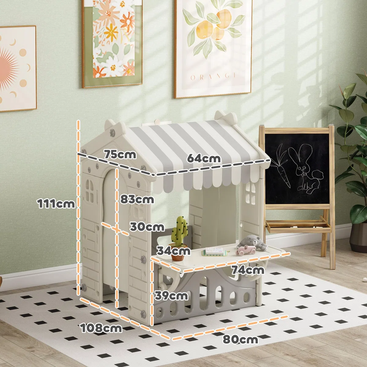 AIYAPLAY Casetta per Bambini con 4 Finestre, Porte ad Arco, Tetto e Bancone, Plastica, Crema