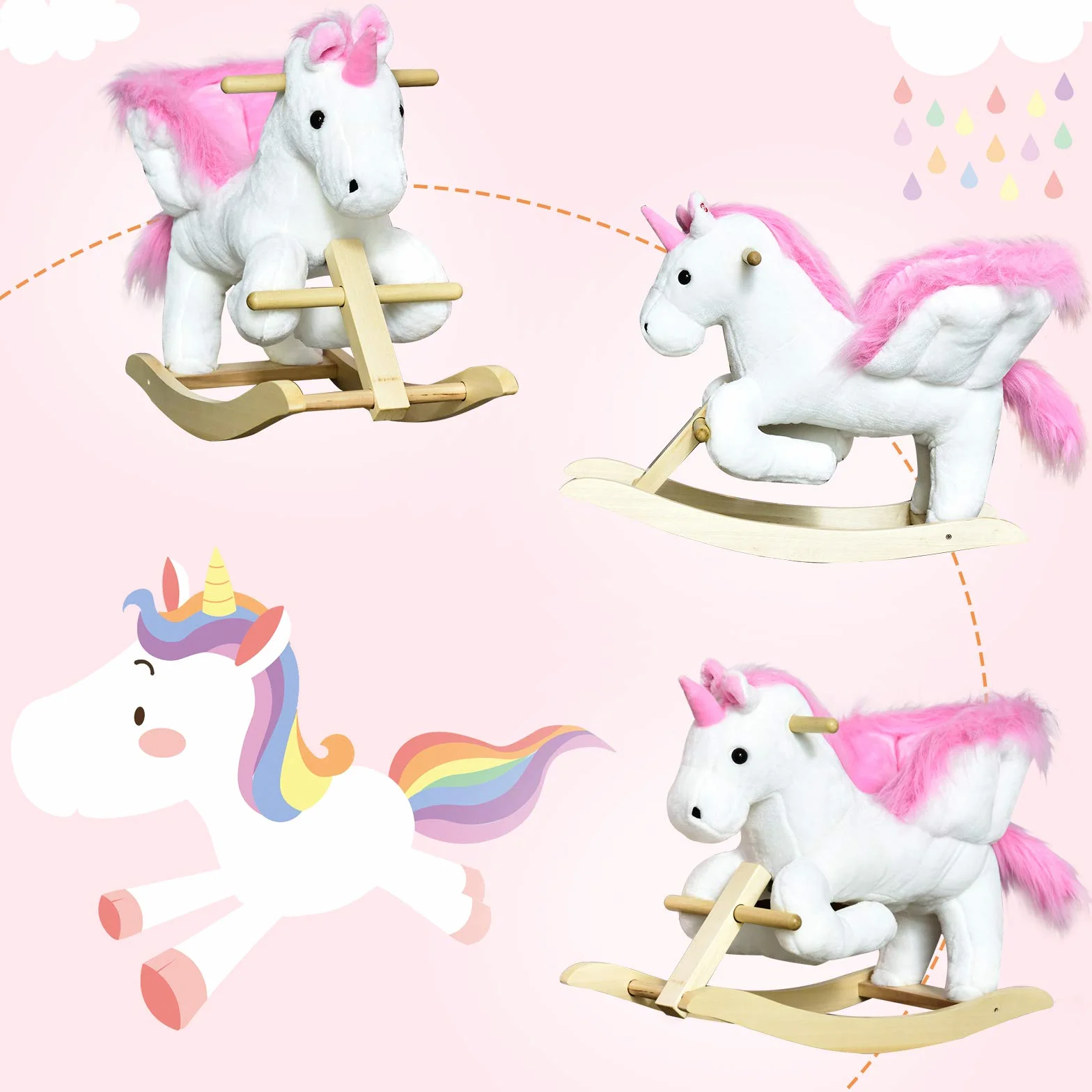 HOMCOM Cavallo a Dondolo a Forma di Unicorno con Musica, Struttura in Metallo e Legno, Rivestimento Peluche, 69x32x57cm, Bianco Rosa