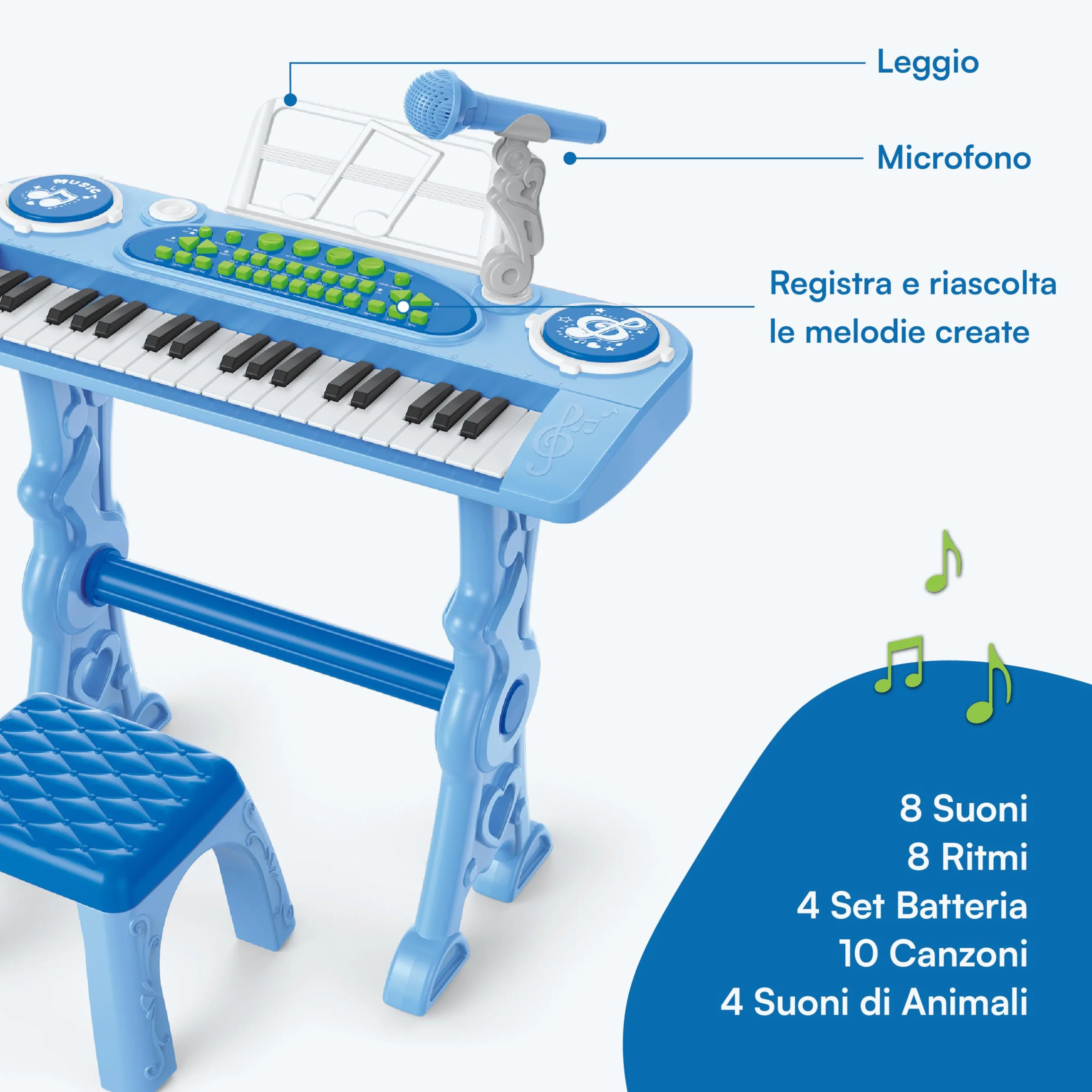 Baroni Toys Tastiera Elettronica con Sgabello per Bambini 3+ Anni con Microfono, Pianola Musicale con Melodie e Suoni Educativi, Tastiera 37 Tasti con Sedia Azzurra, 48x20x53cm