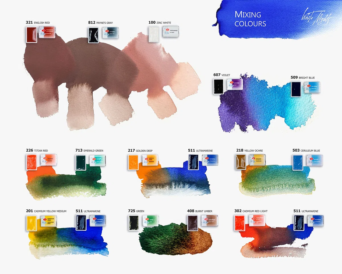 White Nights Set di acquerelli russi per artisti, 36 colori in vasetti interi in una scatola di plastica, alta brillantezza e luminosità