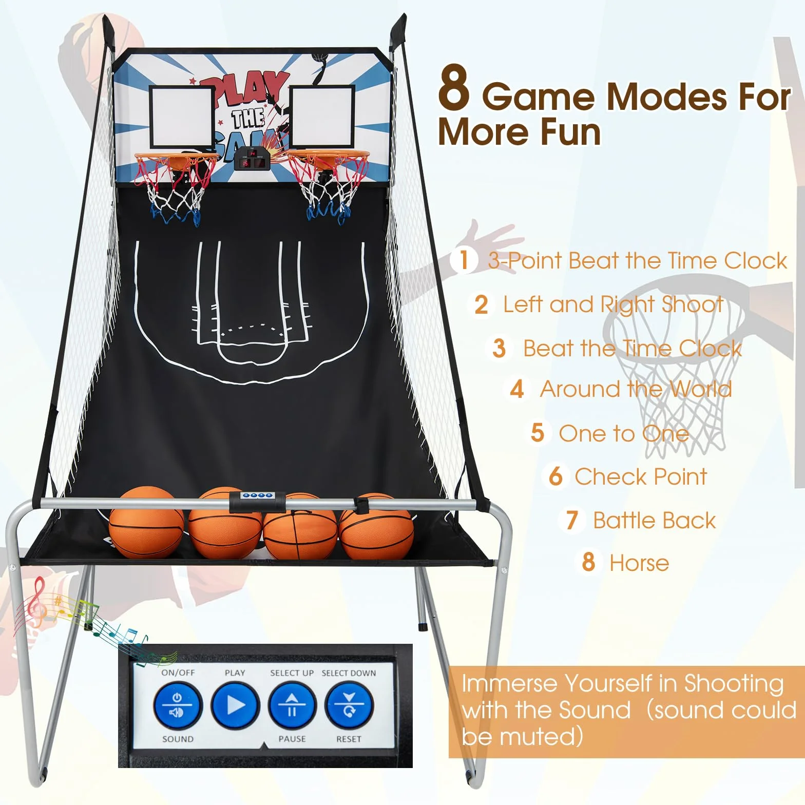 KOMFOTTEU Set di cestini da pallacanestro, arcade pieghevole a doppio cestino con contatore elettronico, 8 in 1 macchina da tiro da basket con 4 palline e pompa, 202 x 107 x 205 cm (bianco)