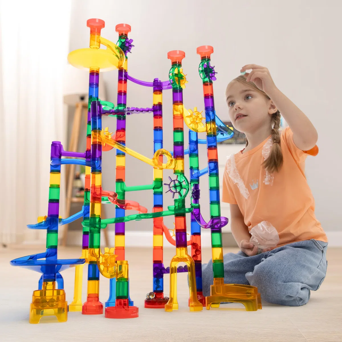 JOYIN - Set di Giocattoli in Marble Run (170 Pezzi), Giocattolo educativo per Costruzione (120 Pezzi in plastica + 50 Marmi di Vetro)