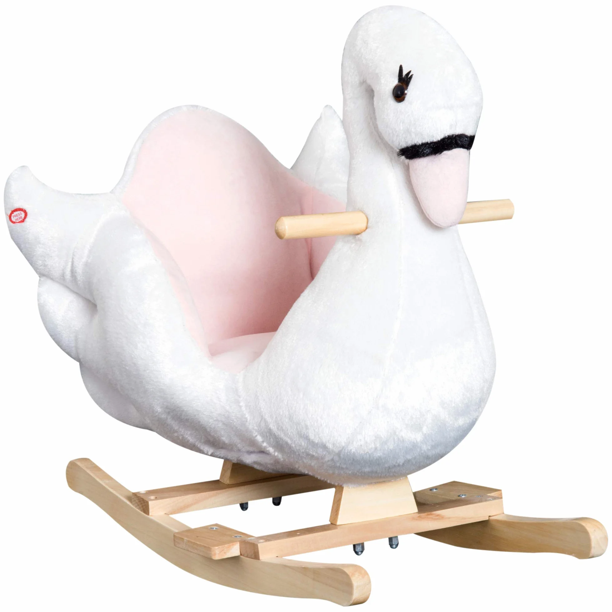 HOMCOM Cavallo a Dondolo a Forma di Cigno con Musica, Cavalluccio a Dondolo con Struttura in Metallo e Legno, Rivestimento Peluche, 60x40x57cm, Bianco