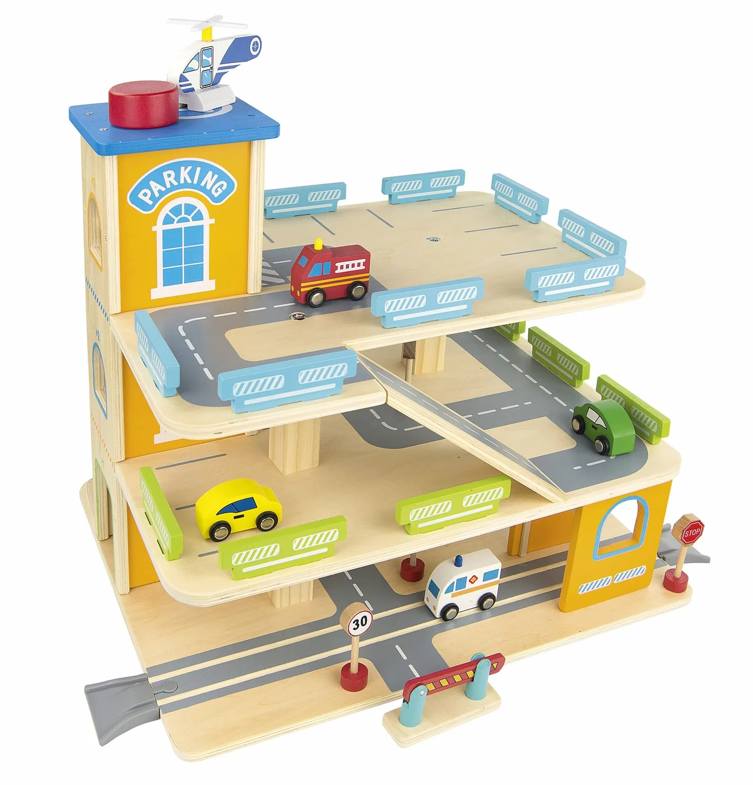 Garage in Legno per Bambini con Ascensore Manuale, Parcheggio Giocattolo a 3 Piani con Pista Auto, Rampe, Eliporto e Macchinine, Set Giochi Creativi per Cameretta, Idea Regalo.