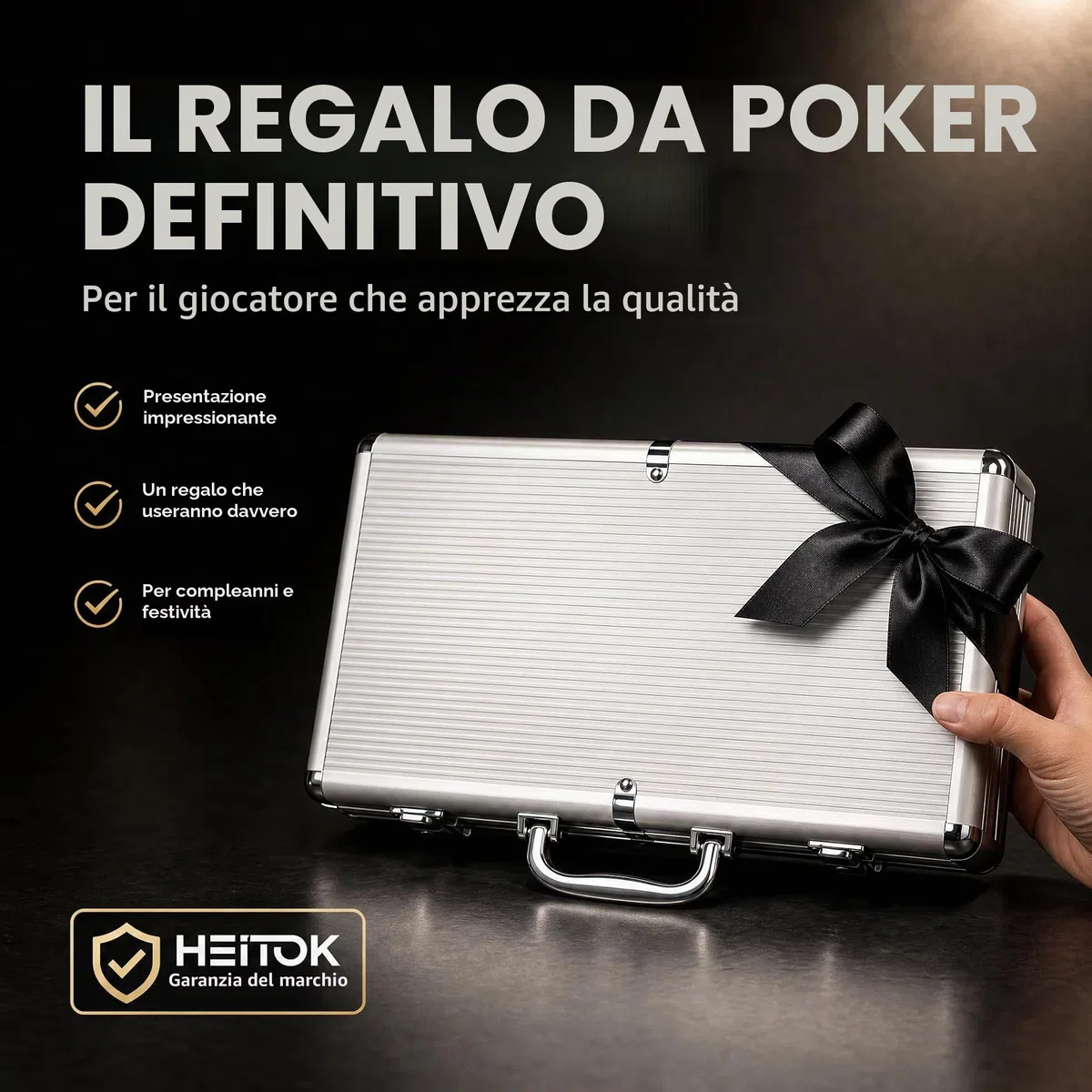 HEITOK Set Poker Professionale 300 Fiches Numerate 11,5g con Valigetta Alluminio Rinforzata, 2 Mazzi Carte e Bottone Dealer in Metallo per Texas Hold'em e Casinò