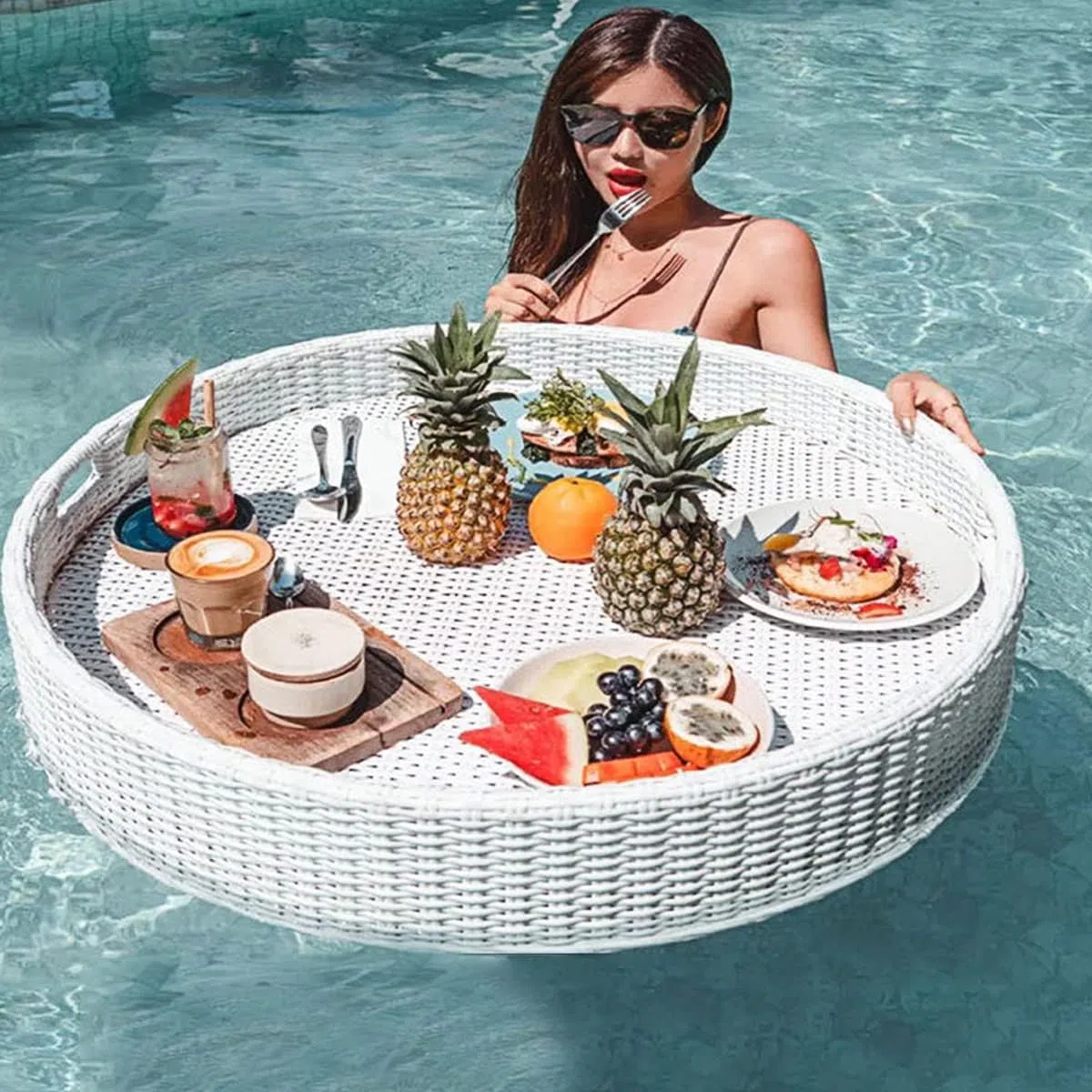 Vassoio galleggiante per piscina, tavolo rotondo da bar galleggiante per servire bevande e cibo, ideale per spa, spiagge e feste