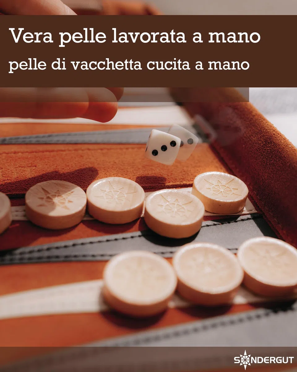 Sondergut Backgammon Deluxe – Design brevettato pieghevole e vera pelle – Design elegante – Pietre da gioco in legno di faggio di alta qualità, 30 x 40 cm
