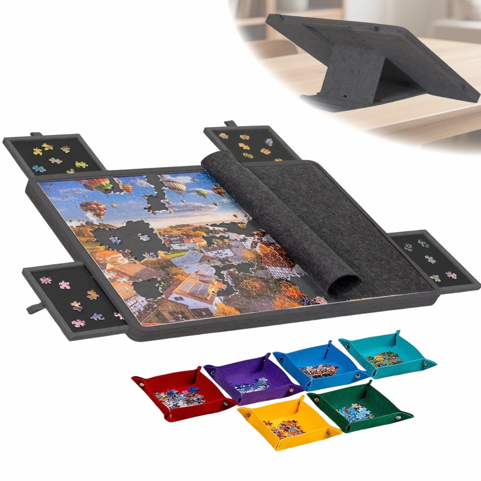 Jigsaw Puzzle pieghevole con 4 cassetti, tavolo puzzle portatile con supporto 2 in 1 e copertura, super leggero in feltro con 6 scomparti, accessorio puzzle per fino a 1000 pezzi (nero)