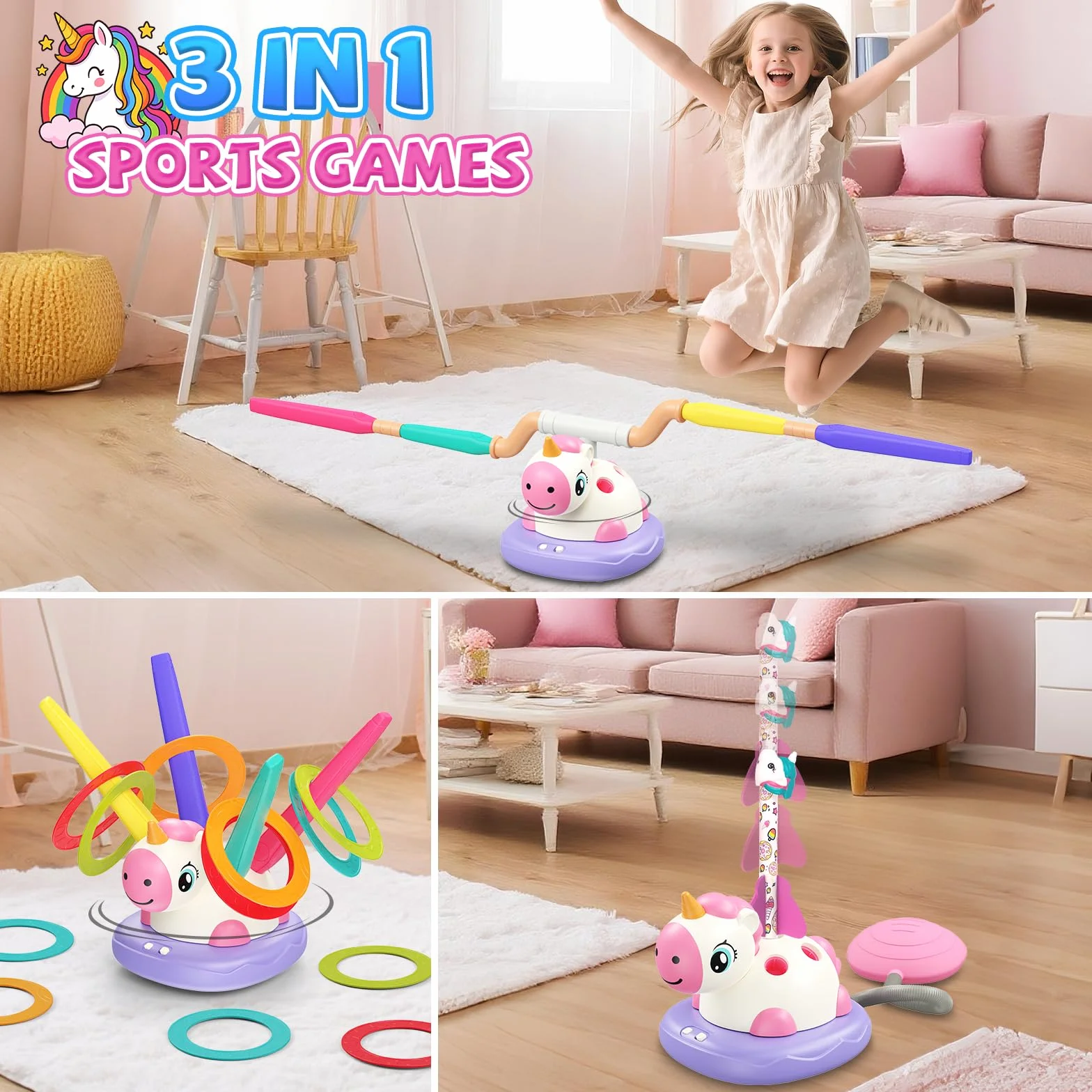 Aliex Unicorno Bambina Regalo 3 4 5 6 7 8 9 Anni | 3 in 1 Giochi da Esterno per Bambini – Salta con Musica, Razzo Spaziale Giocattolo e Gioco Lancio Anelli - Giochi da Giardino e Interno