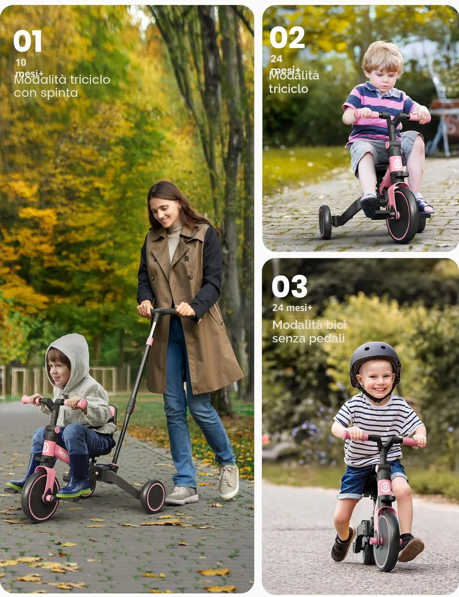 besrey Triciclo per Bambini 4 in 1, Bici senza Pedali per bambine e bambini da 1 a 3 anni, Triciclo con Maniglia di Spinta, Schienale e Cintura di Sicurezza, Rosa