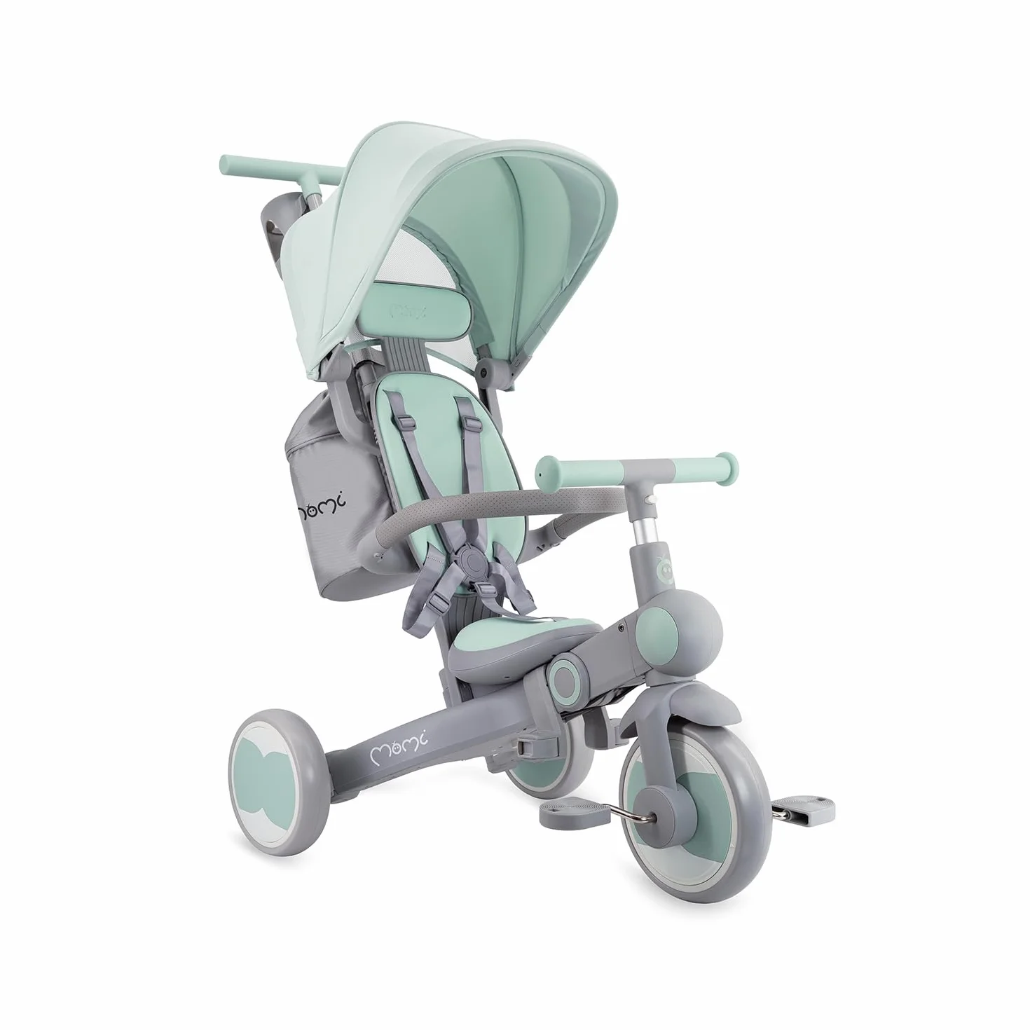 Triciclo per bambini MoMi 4in1 SOLIVIA con manubrio telescopico, cinture di sicurezza a 5 punti, per bambini a partire da 12 mesi, con capottina parasole, ruote in PU, borsa e portabicchiere