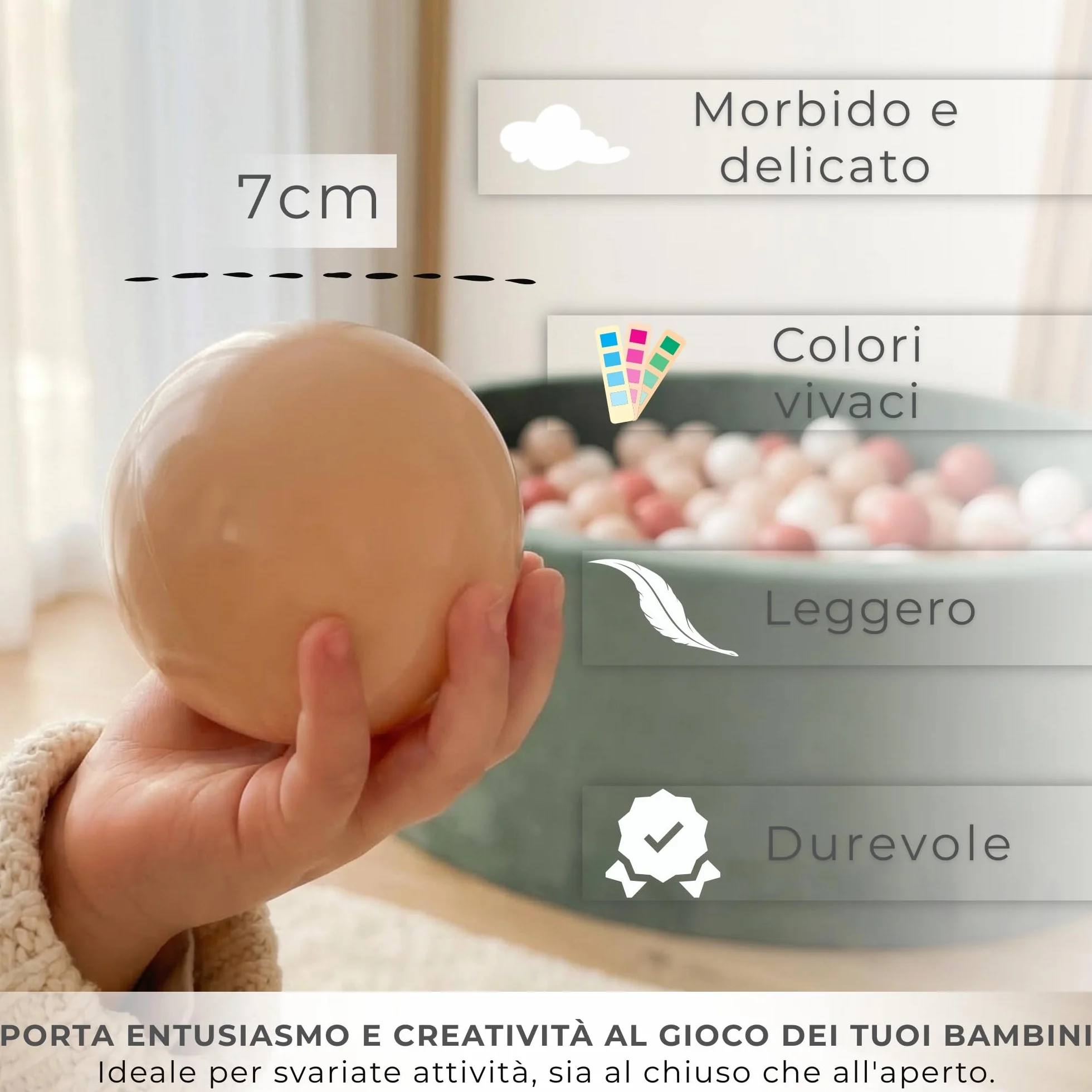 KiddyMoon Velluto Piscina di Palline 90X30cm/300 Palline ∅ 7CM per Bambini Tondo Fabbricato in EU, Velluto Verde: Beige Pastello/Salmone/Bianco