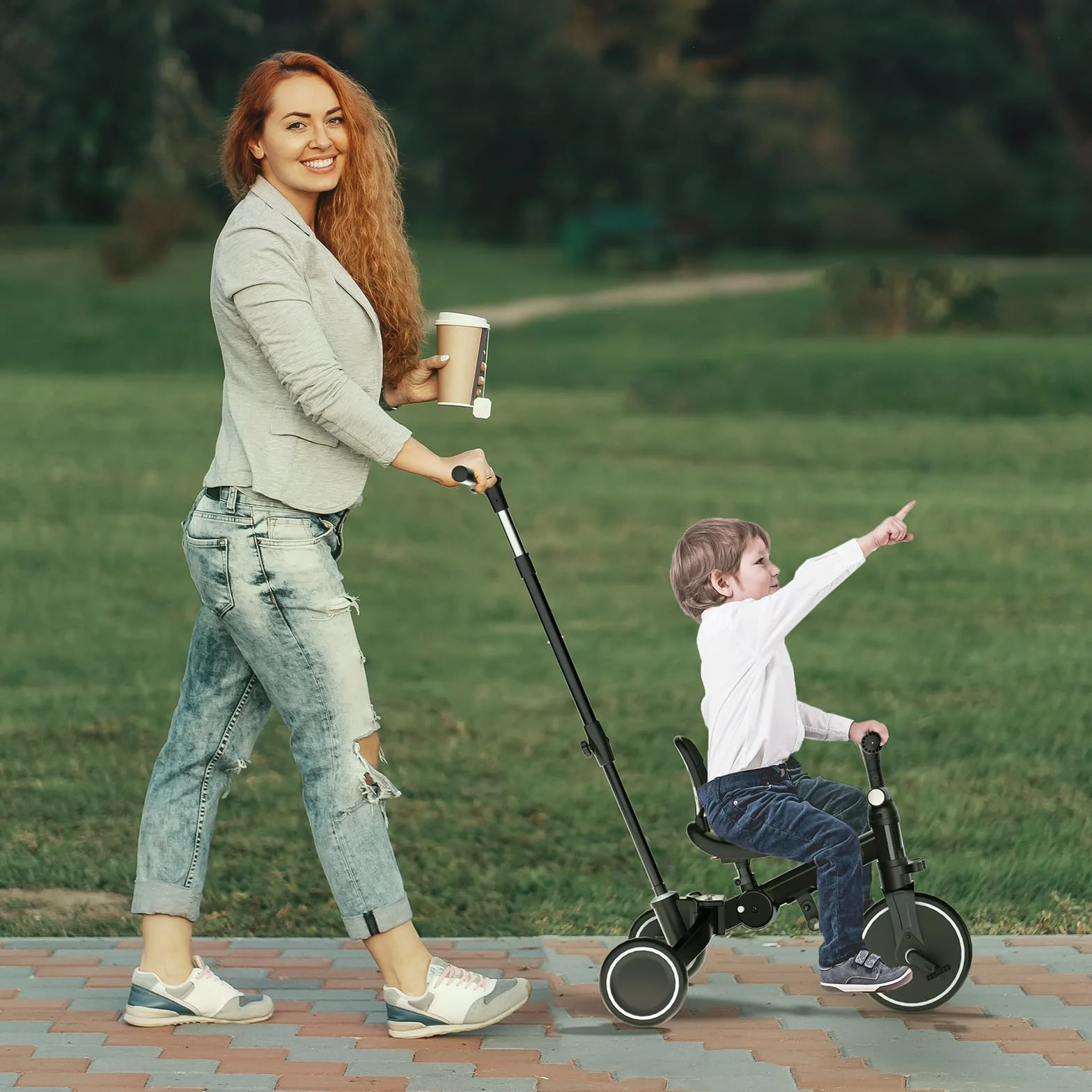 KORIMEFA Bicicletta per bambini, Triciclo a 3 ruote per bambini da 1-3 anni,maniglia di spinta, pedale rimovibile,schienale,maniglia di guida per i genitori,Natale per il primo compleanno (Nero)