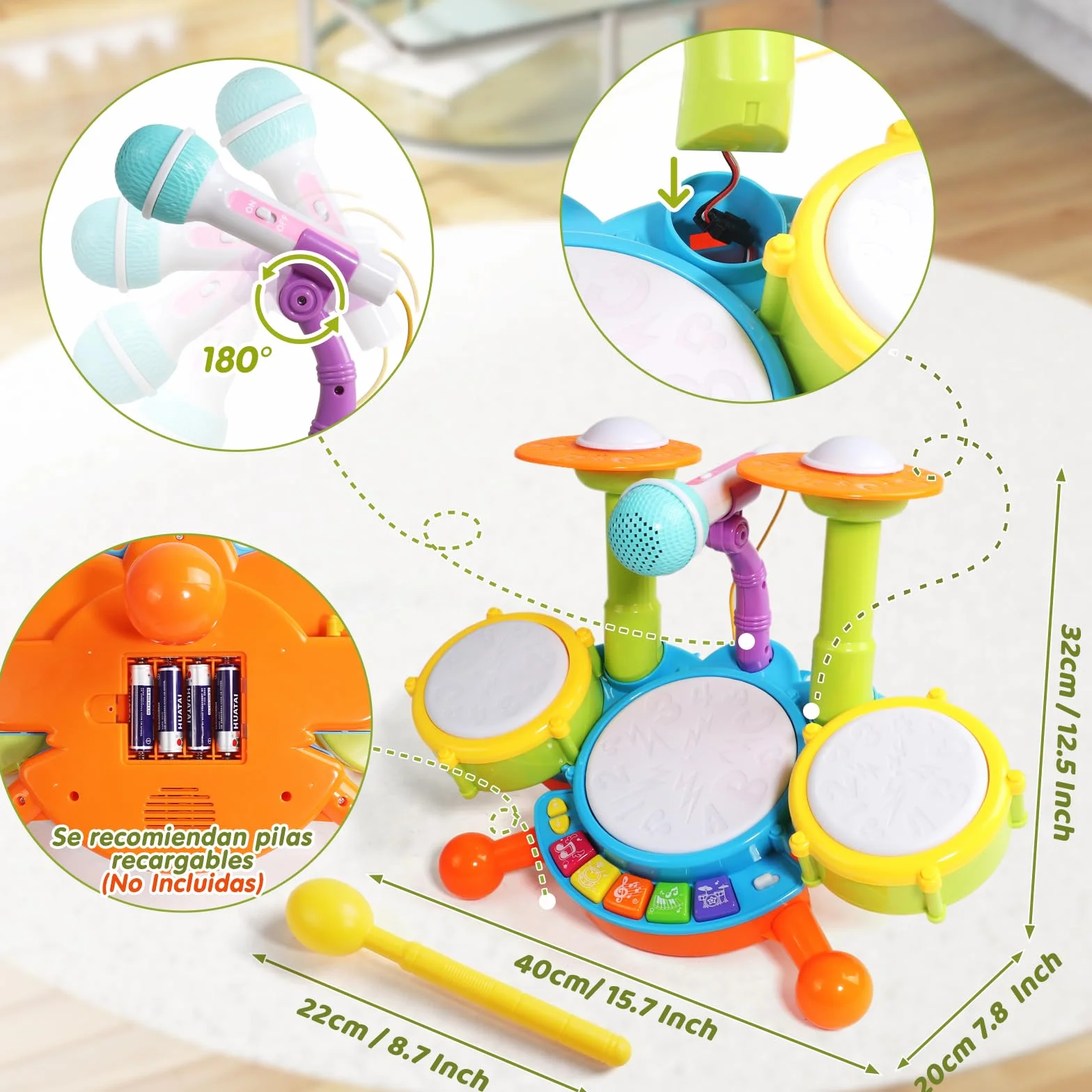 Giochi Bambini 1 Anno Batteria Bambini - Strumenti Musicali Giocattoli Bambino 1 Anno Tamburo Elettronico con Filastrocche e Luci Gioco Bambino Idea Regalo bimbo 1 2 Anno Anni