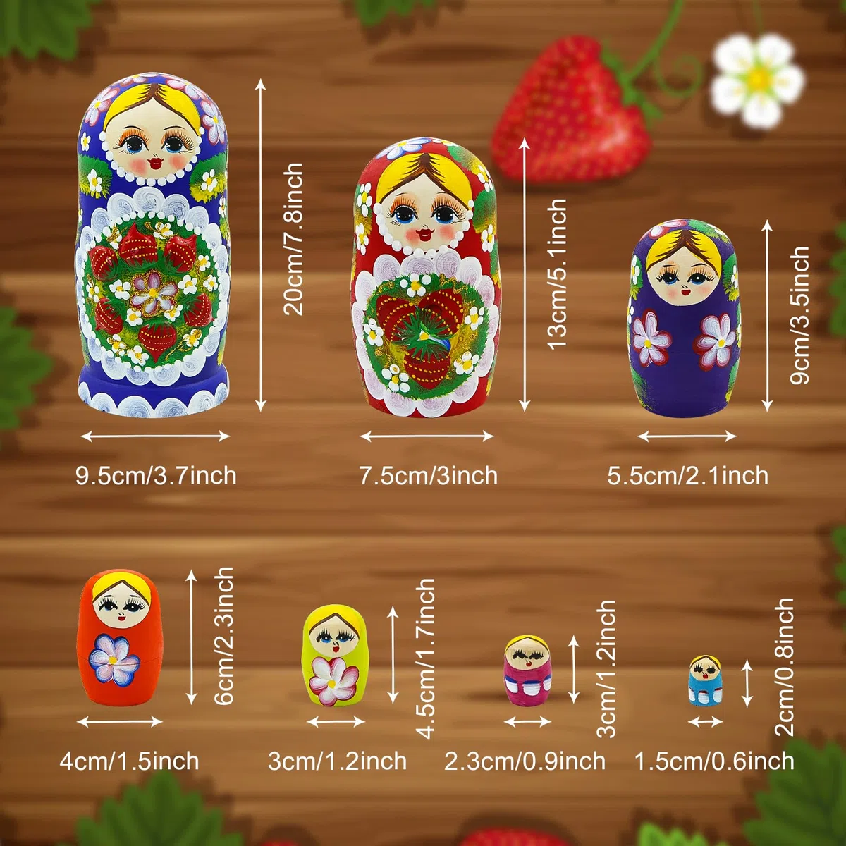 Matriosche russe in legno set di 7 bambole con fiori e bacche regalo festa della mamma