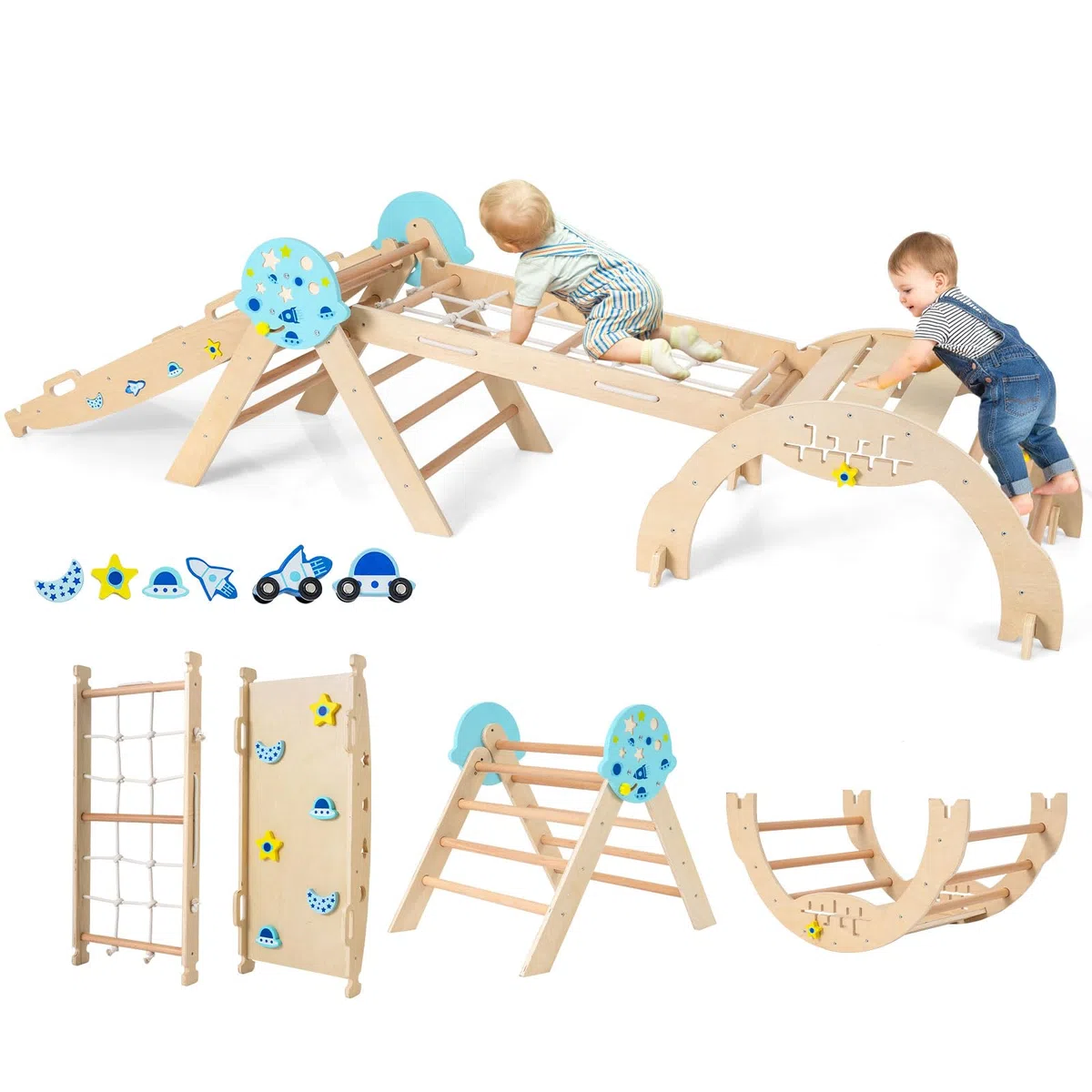 COSTWAY Set da Arrampicata in Legno per Bambini, Giocattoli Montessori 8 in 1 con Triangolo Arco Rampa e Corda, Naturale