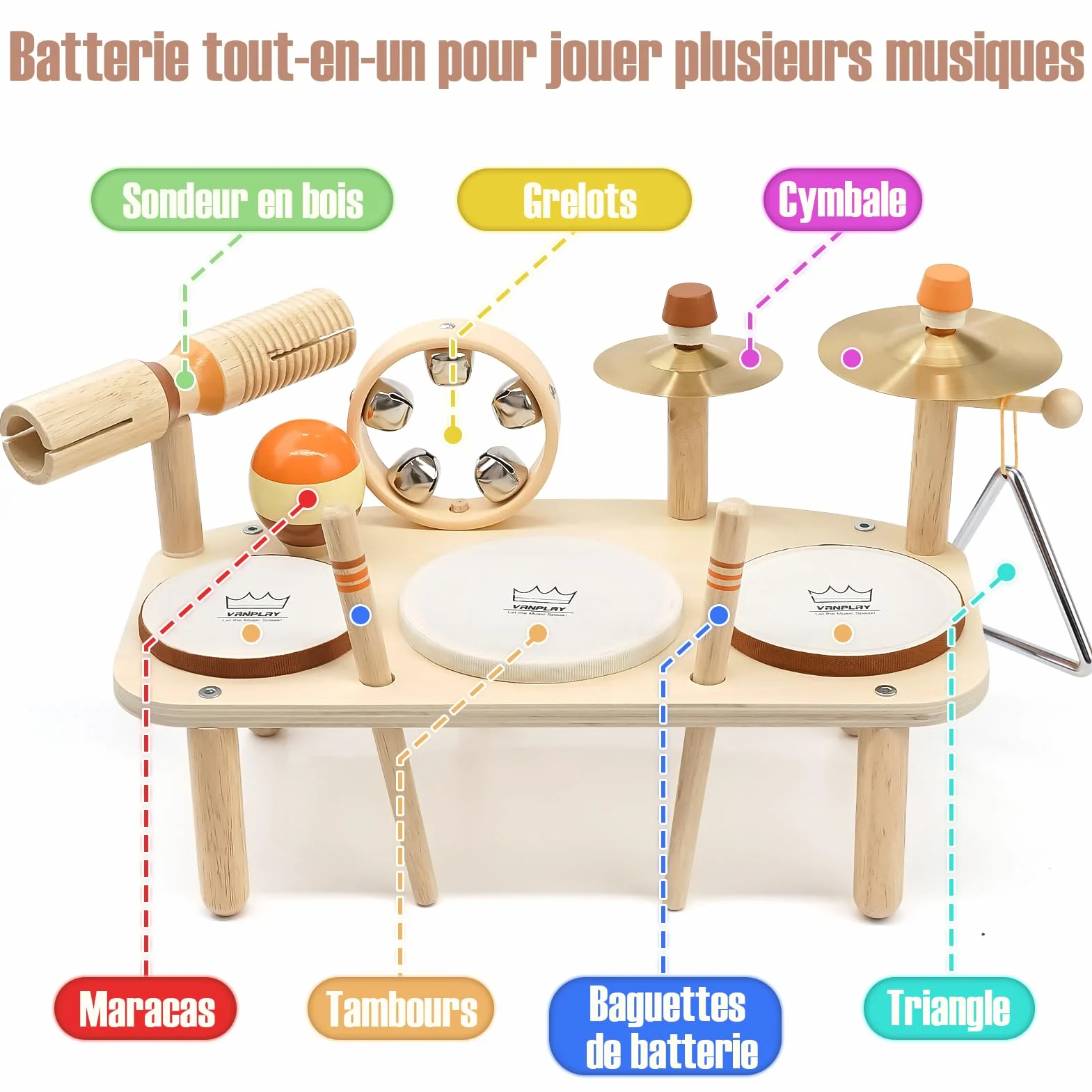Vanplay Batteria in legno, strumenti musicali per bambini a partire da 1 anno con 3 tamburi e sonaglio a sonagli, tamburo giocattolo musicale per bambini, giocattolo Montessori da 1 anno