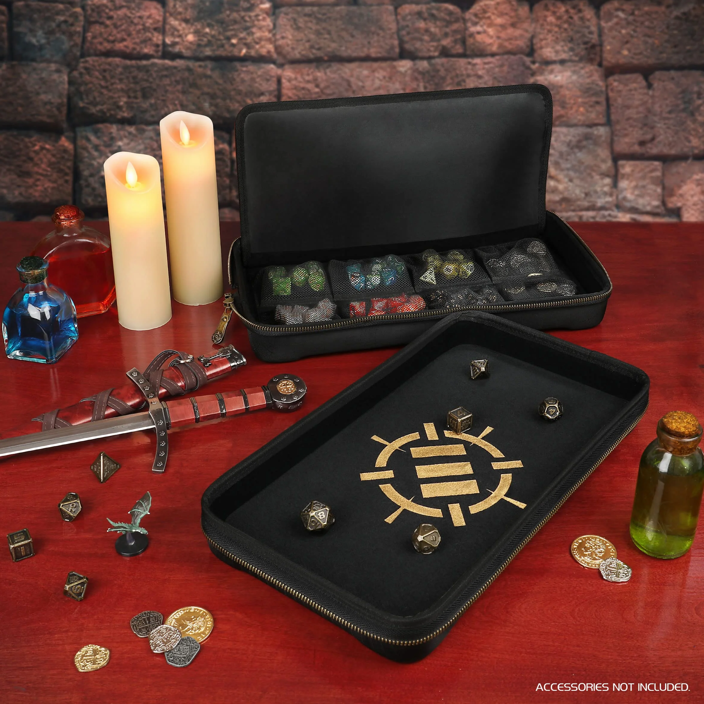 ENHANCE Portadadi DnD da Tavolo e Vassoio per Dadi - Porta dadi contenitore per 500 RPG con design protettivo robusto interni morbidi tasche organizer