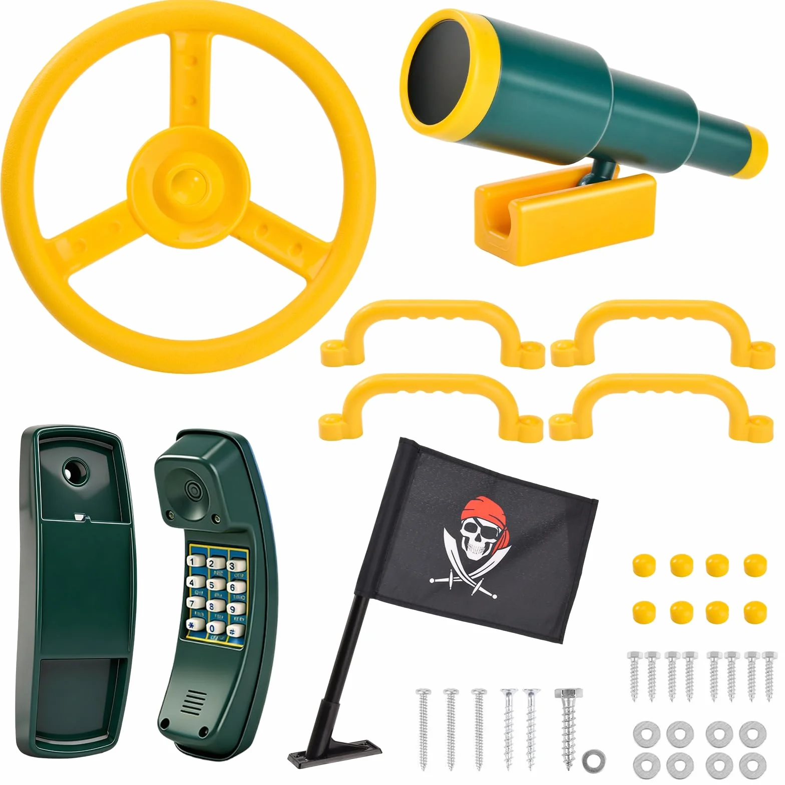 Set di Accessori per Torre di Gioco, Maniglie di Sicurezza per Parco Giochi con Volante,Telescopio e Telefono Giocattolo, Maniglie per Torre Giochi per Altalene, Parco Giochi, Alberi