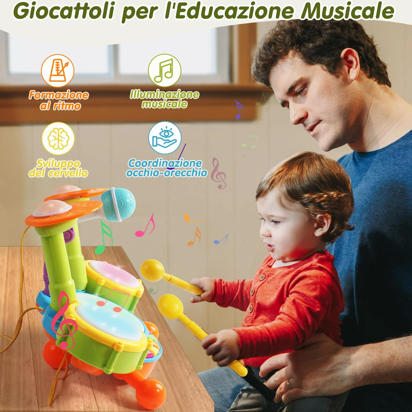 Giochi Bambini 1 Anno Batteria Bambini - Strumenti Musicali Giocattoli Bambino 1 Anno Tamburo Elettronico con Filastrocche e Luci Gioco Bambino Idea Regalo bimbo 1 2 Anno Anni