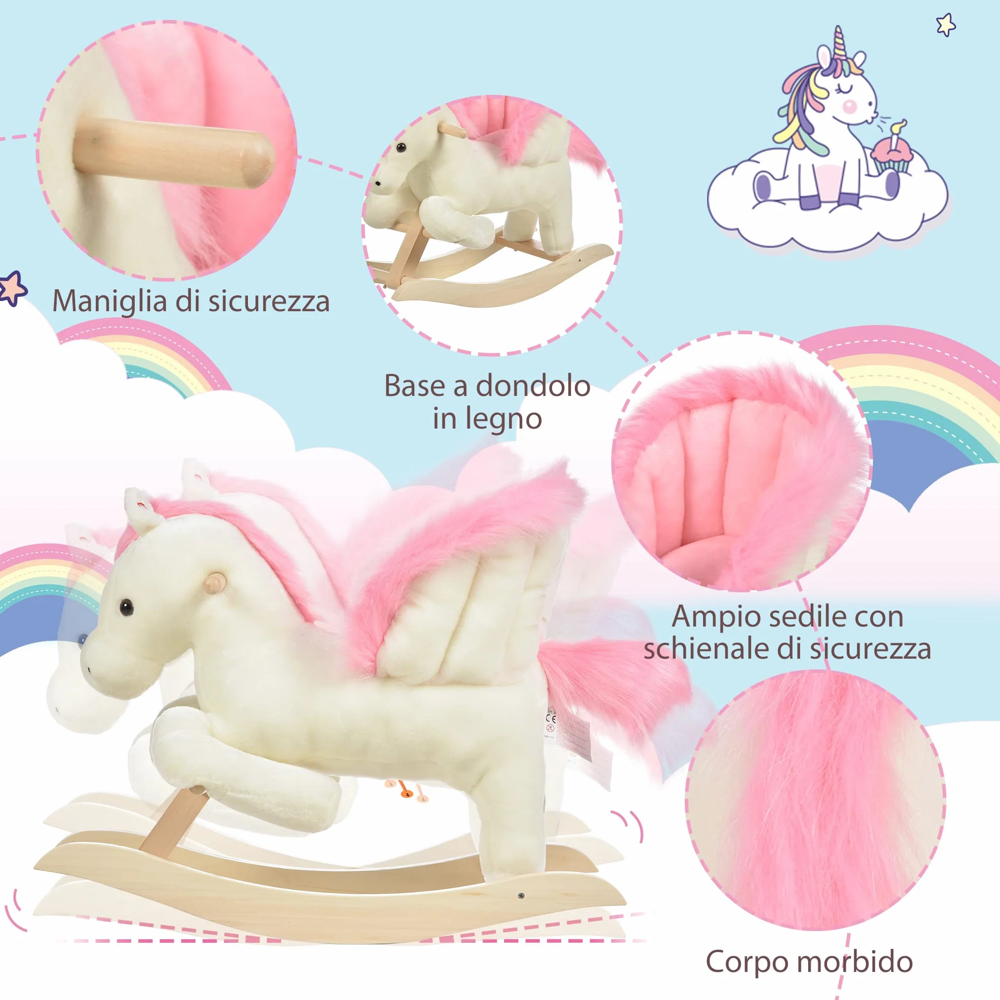 HOMCOM Cavallo a Dondolo Bianco e Rosa con Suoni e Struttura in Legno di Pioppo per Bambini 18-36 Mesi, 70x28x57cm