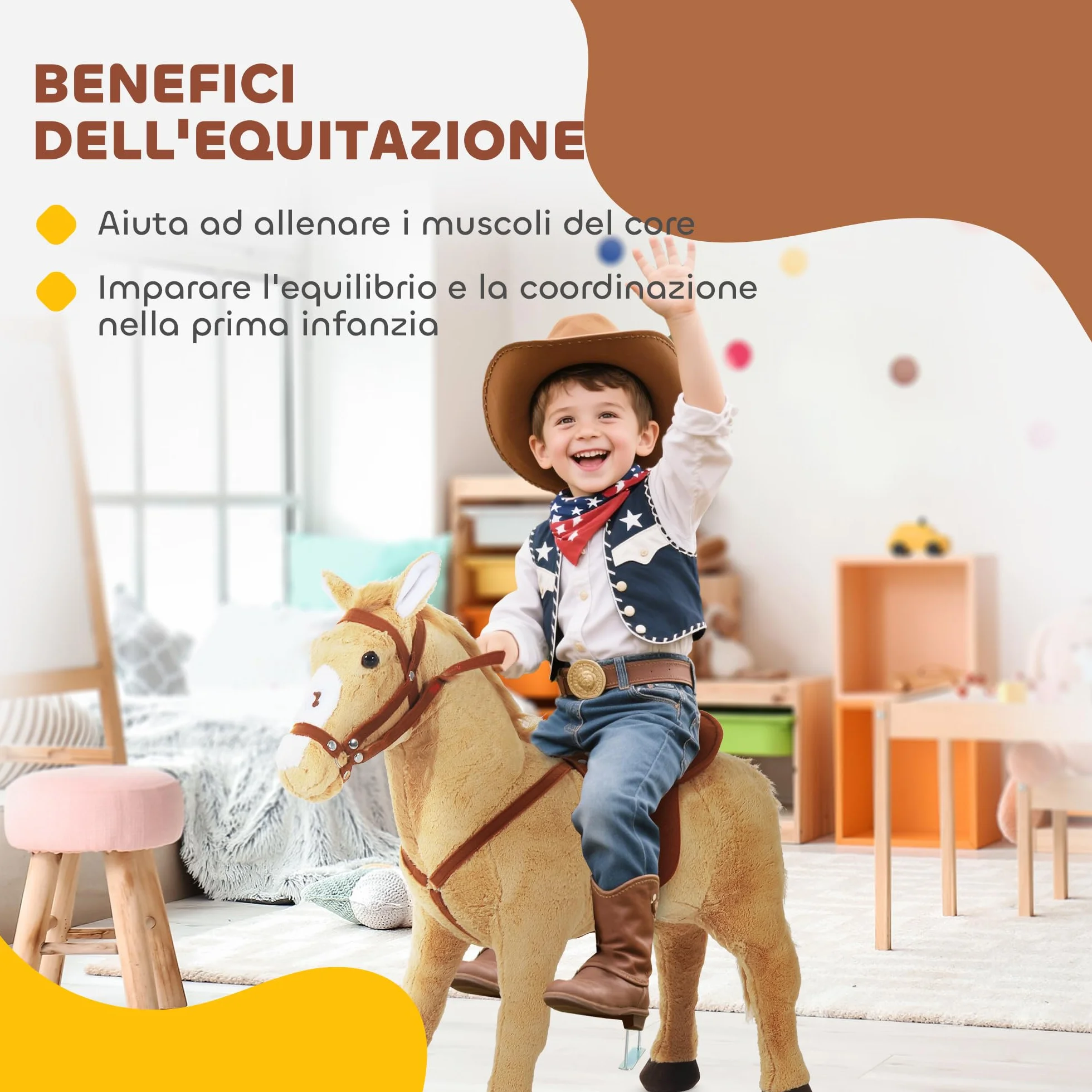 HOMCOM Cavallo Giocattolo con Sella, Briglie e Poggiapiedi, Cavallo Cavalcabile in Peluche, Metallo e Cotone PP, 85x28x60 cm, Beige