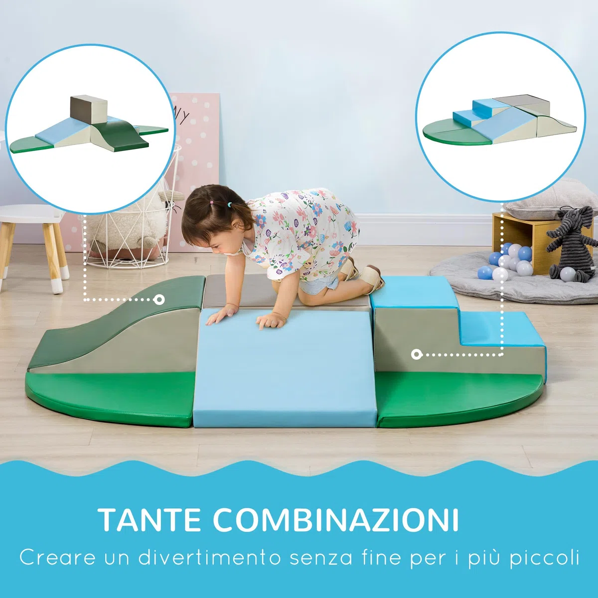 HOMCOM Set da Gioco per Bambini 1-3 Anni 6 Costruzioni Blocchi Morbidi PU EPE Verde Beige Grigio Blu