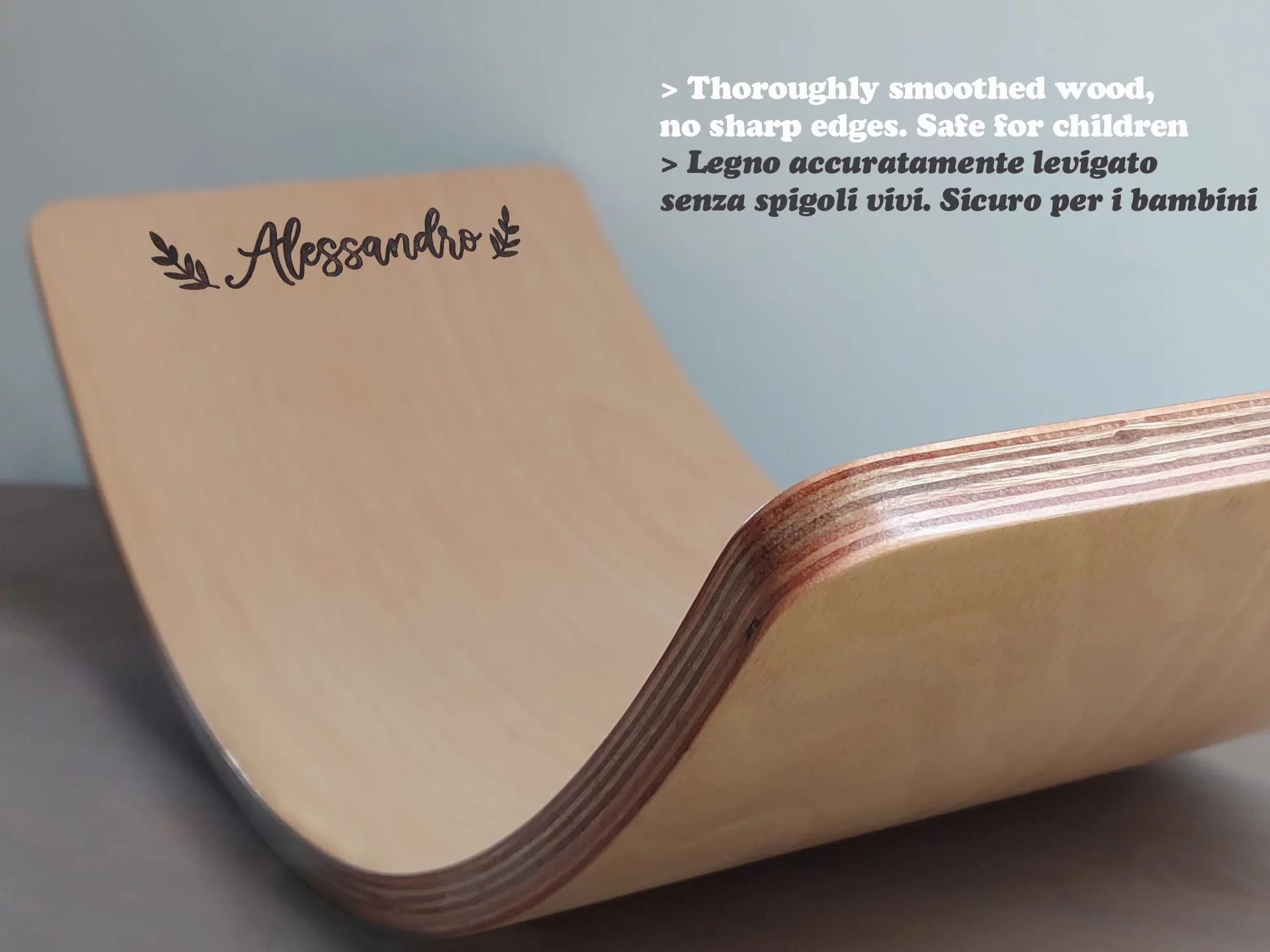 Handmade Balance Board Montessori personalizzata con nome bambino inciso al laser, Tavola Curva in legno 80x30 cm Tavoletta D'equilibrio per Bambini