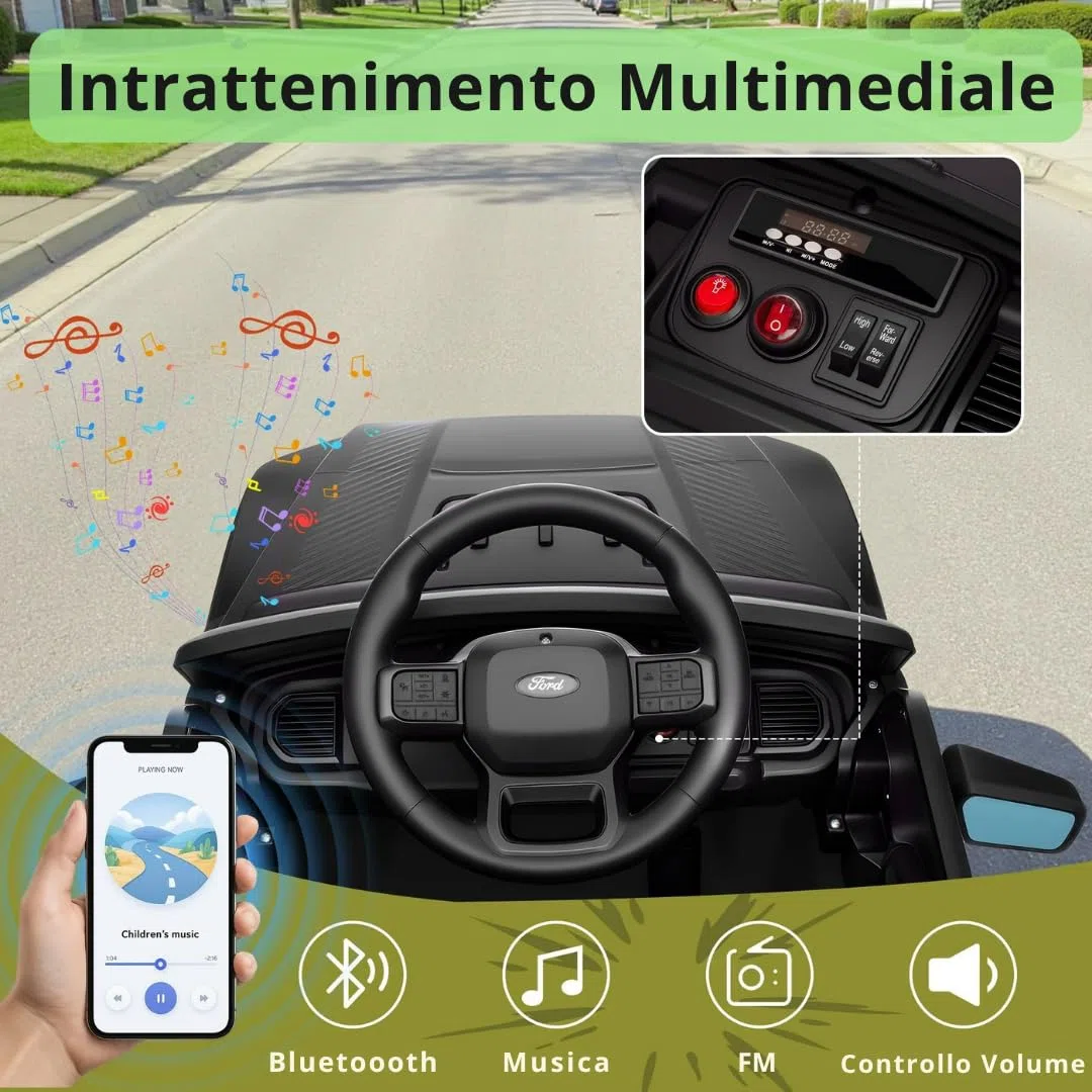 Ford F150 Raptor 12V Auto Elettrica per Bambini con Telecomando, Luci LED, Bluetooth, Cintura di Sicurezza, Carico 30 kg (Nero)