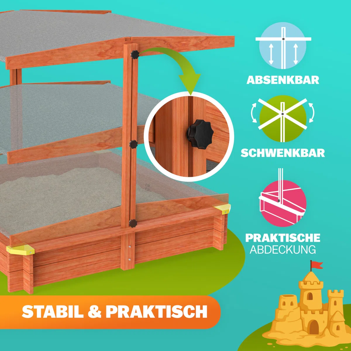SPIELWERK® Sabbiera con Tetto 140x140cm Protezione UV 50 Legno Ecologico Sandbox per Bambini Gioco Esterno Playhouse