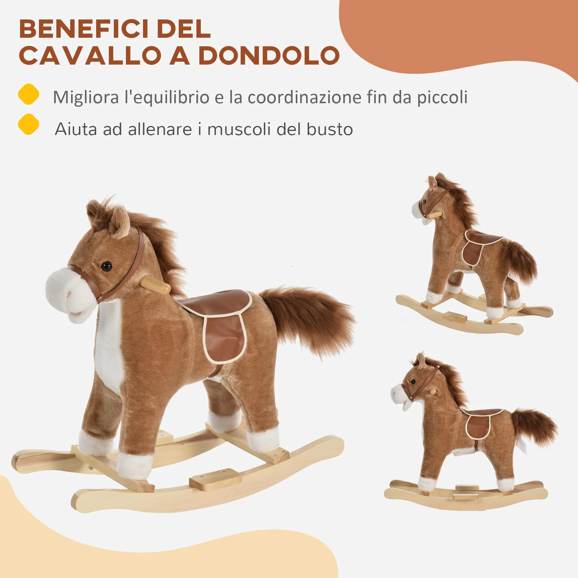 HOMCOM Cavallo a Dondolo per Bambini, Cavallino a Dondolo Bambini 36-72 Mesi, Cavalluccio Giocattolo con Suoni Realistici e 2 Batterie AA, Marrone