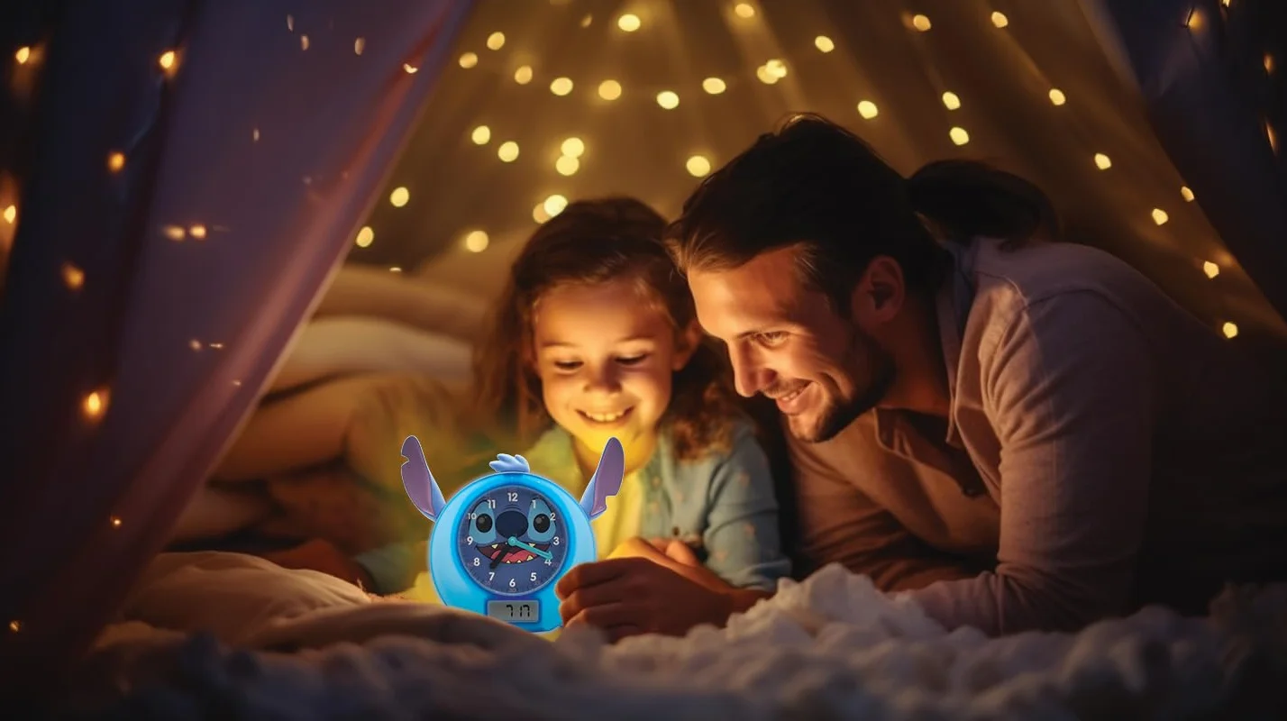 Lexibook Disney Stitch Il mio compagno educativo notturno, sveglia, luce notturna, simulatore d’alba e narratore di storie, con cavo di alimentazione, blu, RLT100D