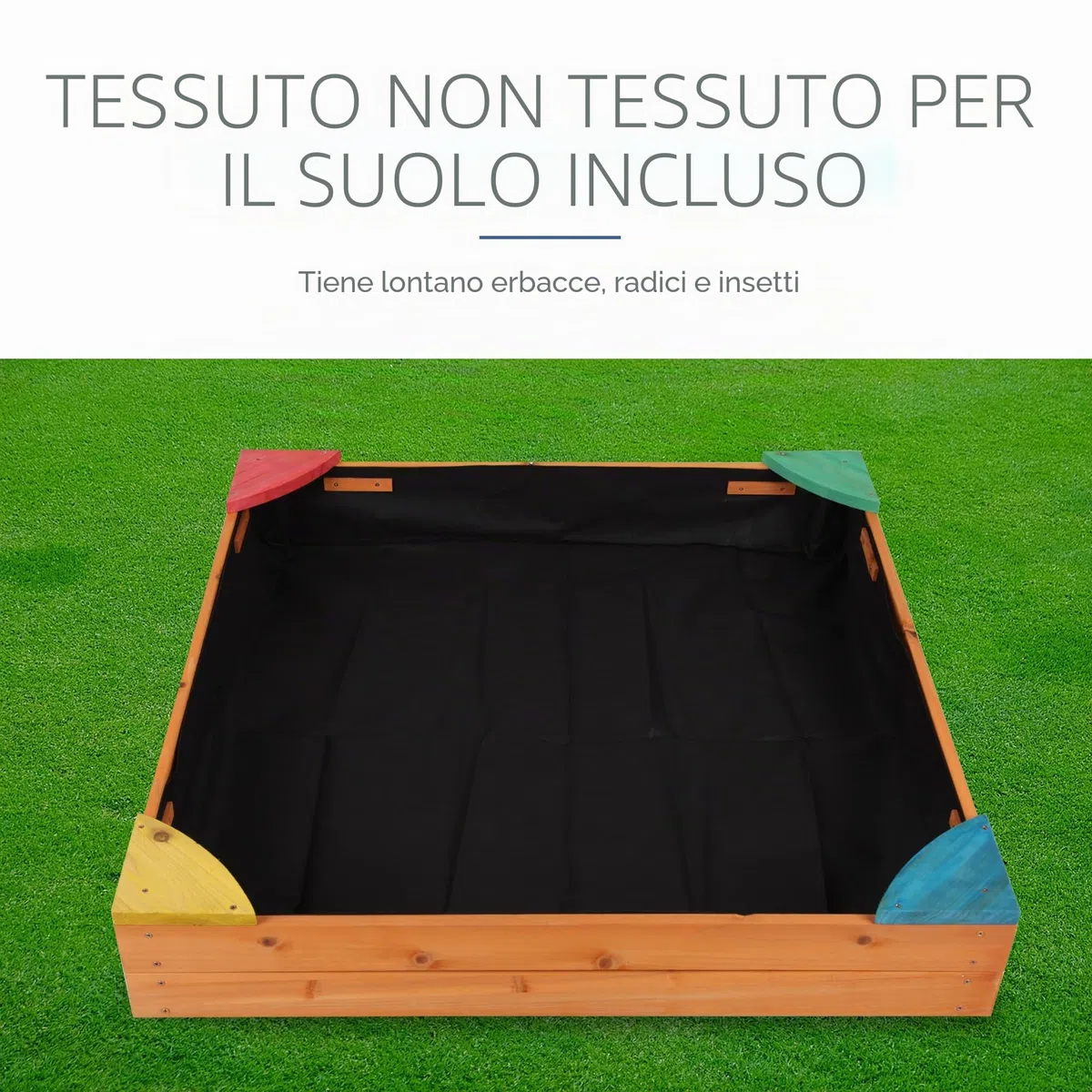 Bestlivings Sabbiera con copertura 90 x 90 x 16 cm, sandbox in legno con telone contro erbacce e coleotteri, cassetta con angoli colorati per il giardino