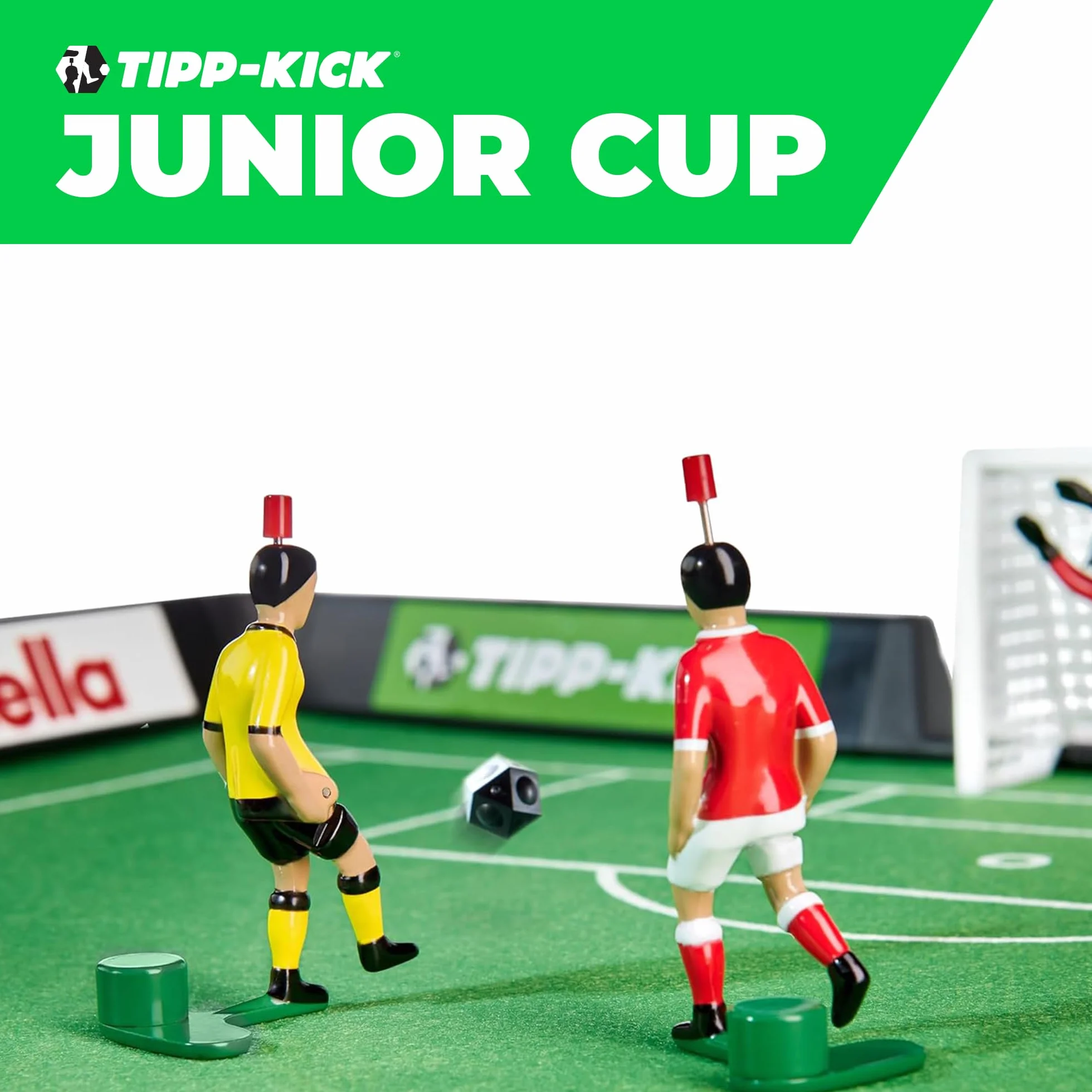 TIPP-KICK Junior Cup 82x56 cm con Bordo - Set Pronto per Giocare con 2X Giocatori, 2X Portieri, 2X Reti in Plastica, 2X Palloni I Campo da Gioco in Feltro