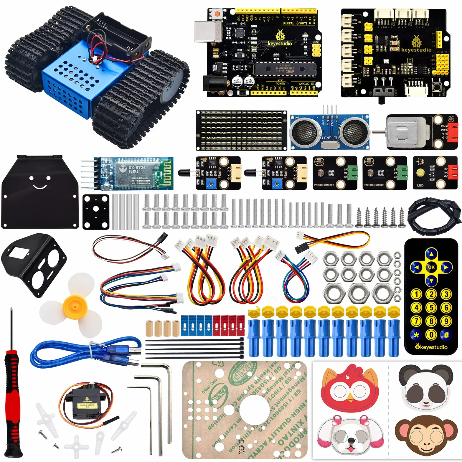 KEYESTUDIO Kit serbatoio robot intelligente per Arduino IDE, kit di costruzione elettronica con UNO R3, sensore a ultrasuoni, ecc. Robot di programmazione fai-da-te STEM educativo per 14+ adolescenti